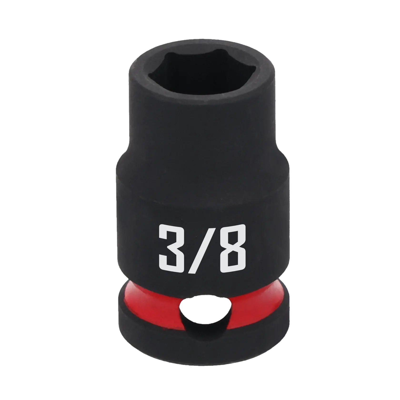A black Craftsman socket with a red ring at the base and white marking displaying '3/8' on the side, used for tightening or loosening nuts and bolts.