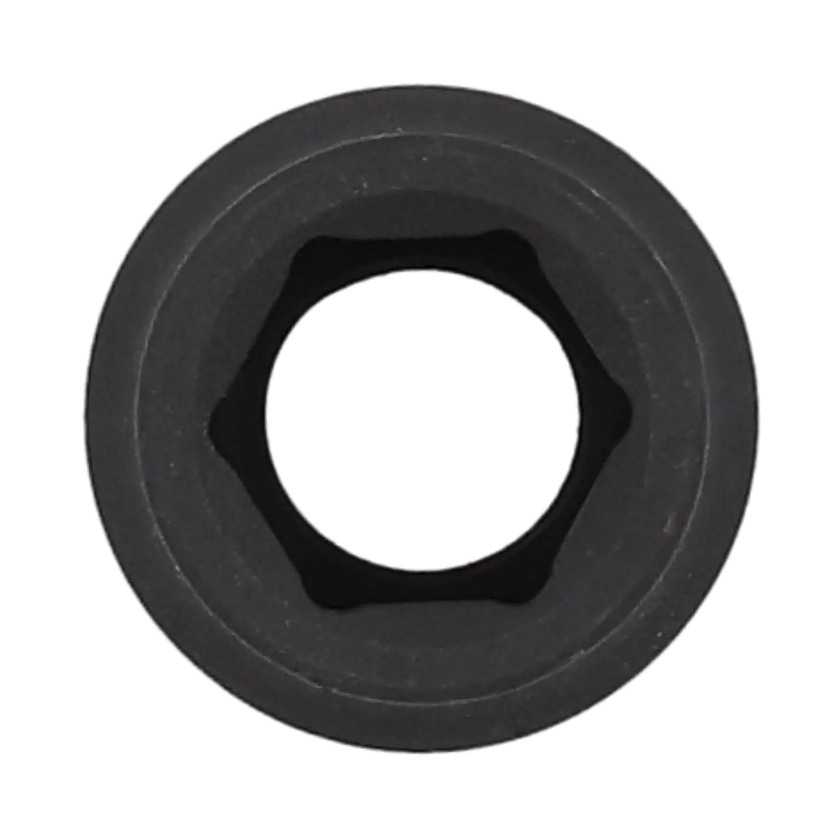 A close-up view of a black hexagonal socket tool, photographed from the top.