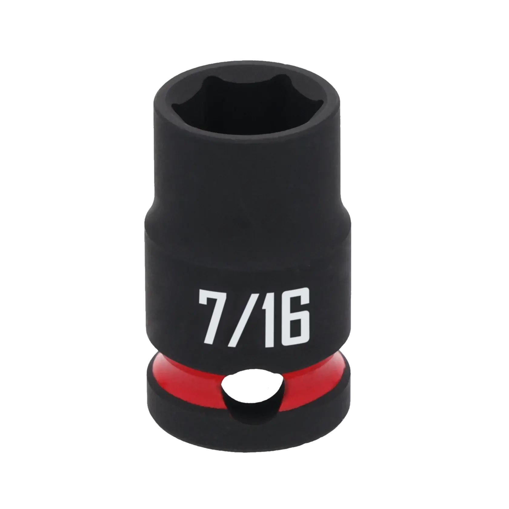 A black 7/16 inch impact socket with a red ring near the base, used for fastening or loosening bolts and nuts.