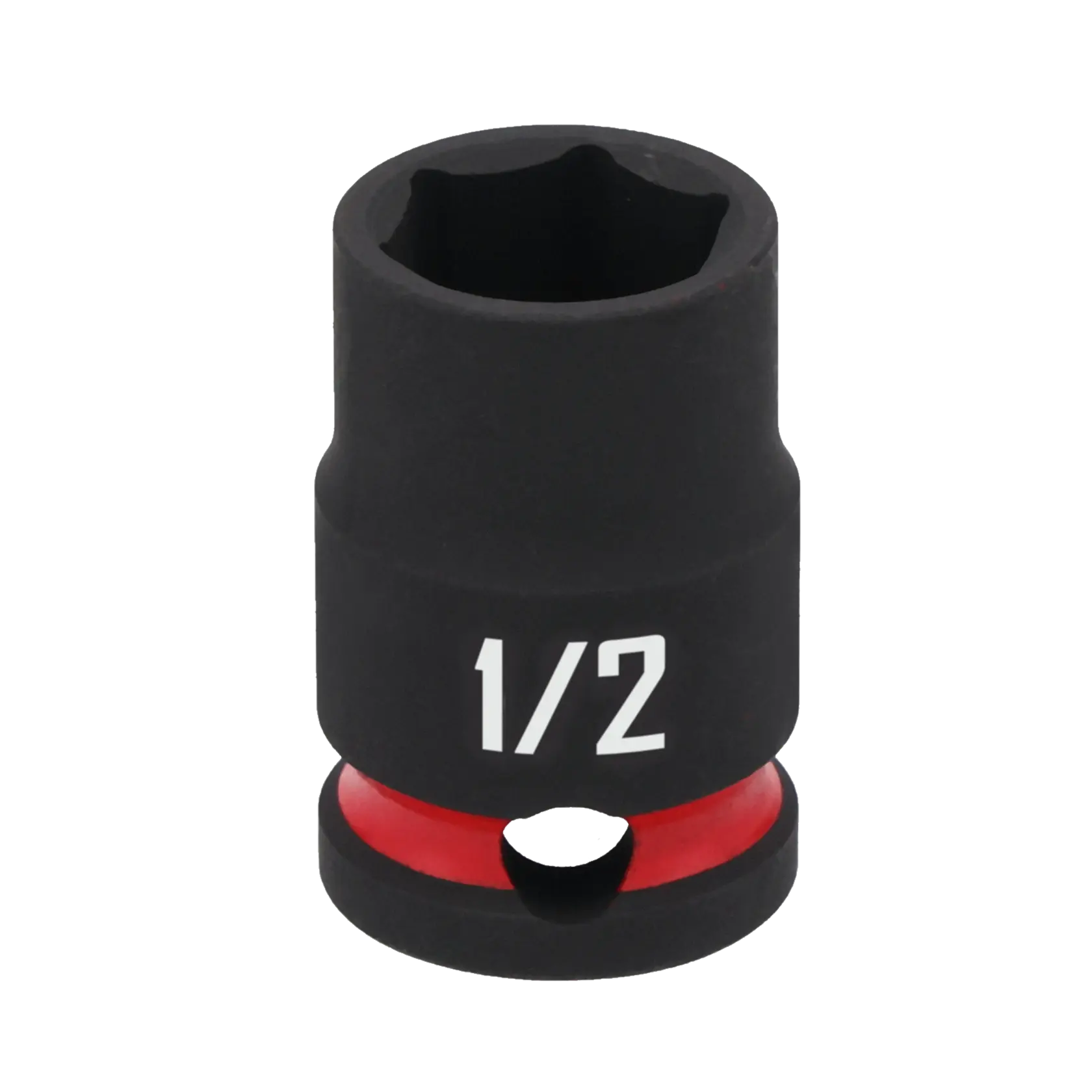 A black impact socket tool with a red ring near the base and the size marking '1/2' in white lettering on the front.