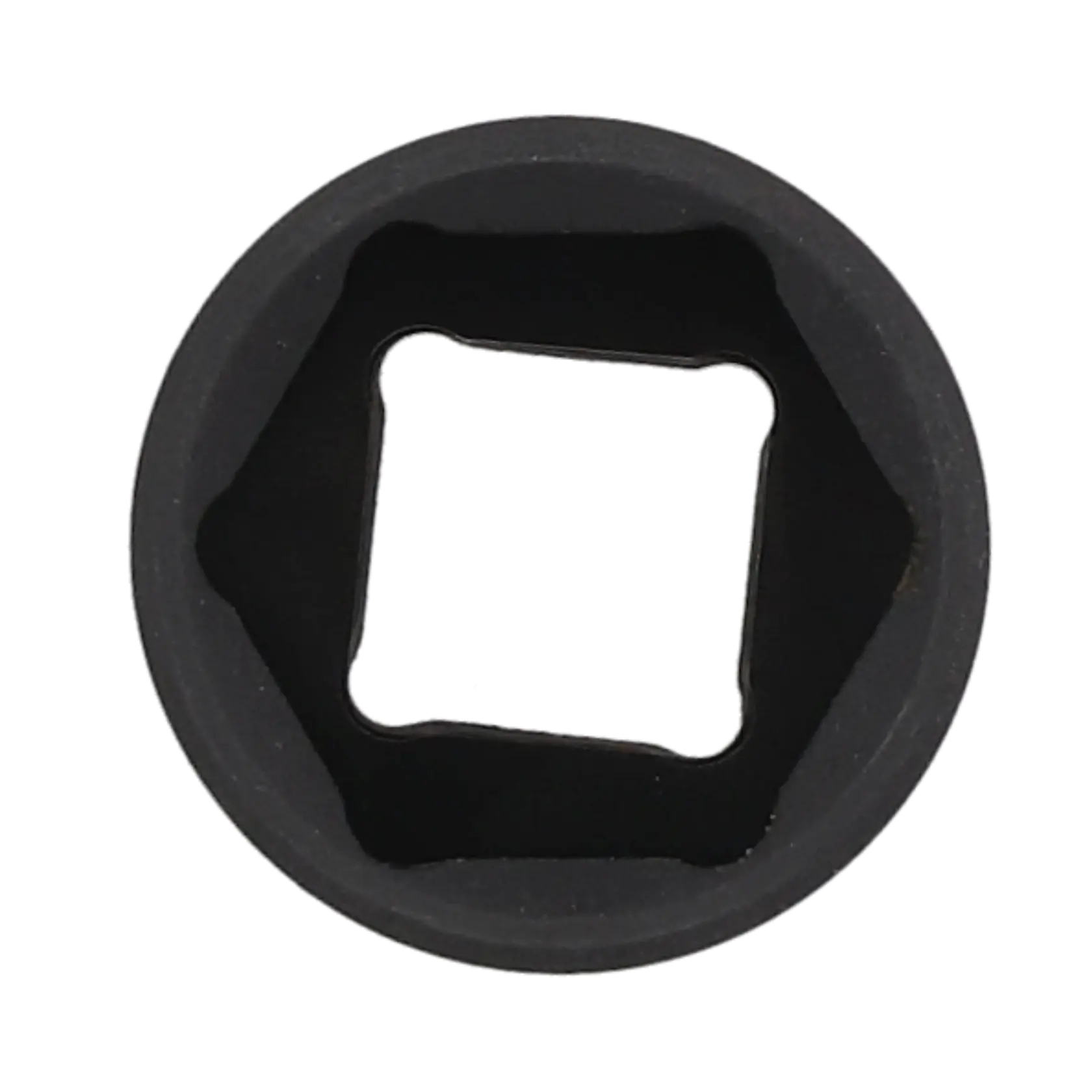 Close-up view of a black socket adapter with a square inner opening, used for connecting tools such as wrenches or ratchets.