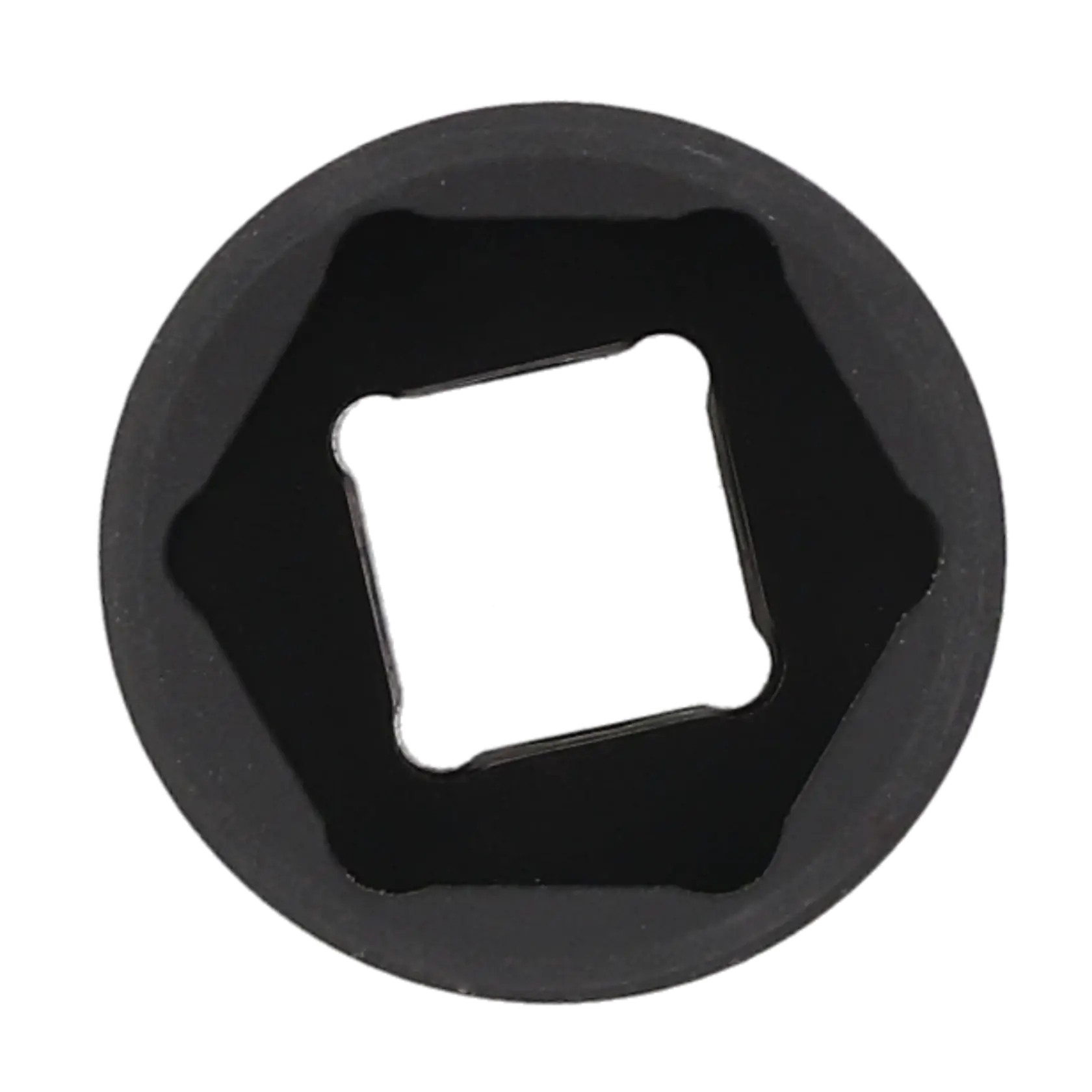 A close-up of a black socket tool, viewed from above, showing its square-shaped inner opening for attachment to a wrench or ratchet.