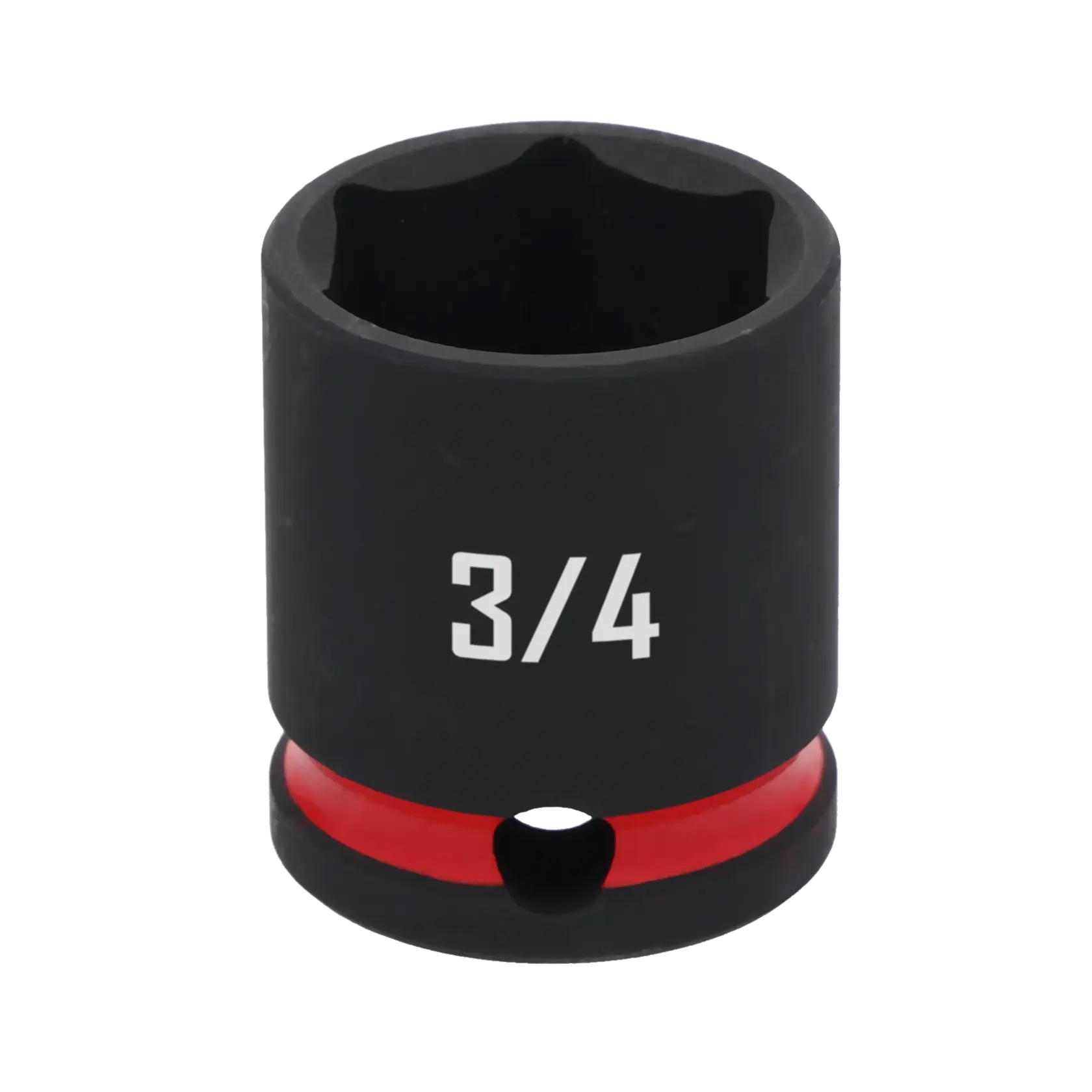 A close-up image of a black 3/4 inch socket tool with a red ring near its base, used for mechanical or automotive work.