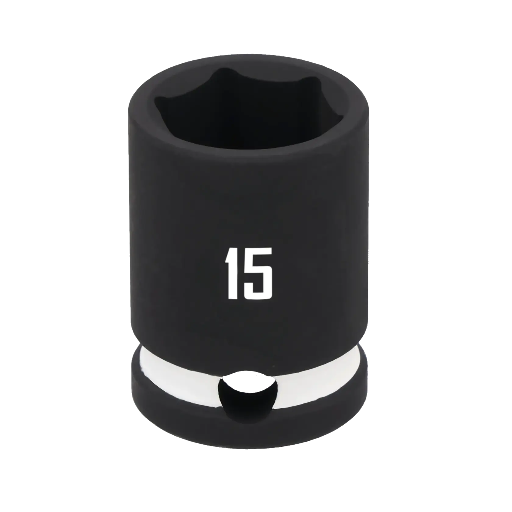 A close-up image of a black 15 millimeter socket, used for tightening or loosening bolts, with the number 15 printed in white on the side.