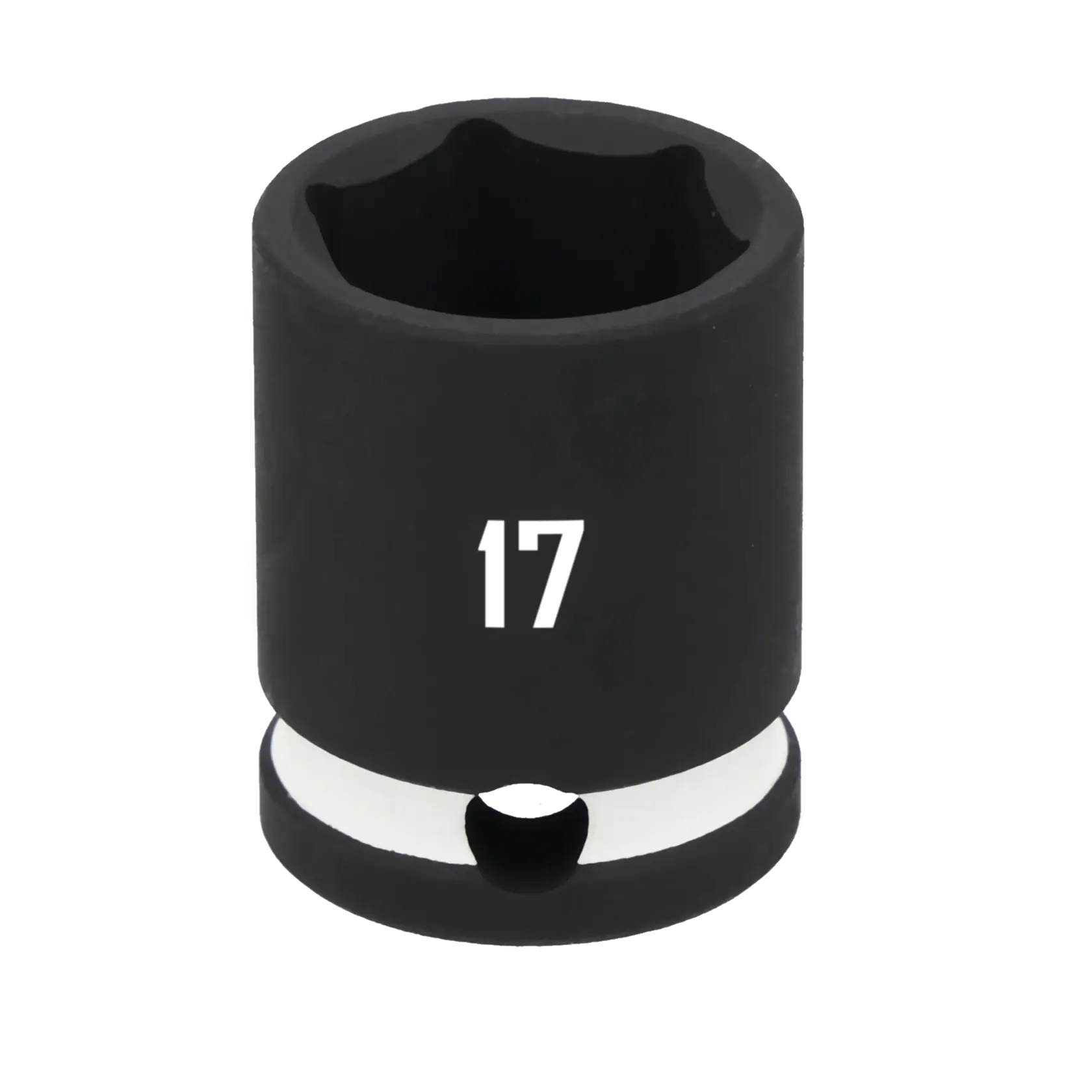 A close-up image of a black socket tool with the number 17 printed in white on its side. The socket is cylindrical with an opening at the top and a groove near the base.