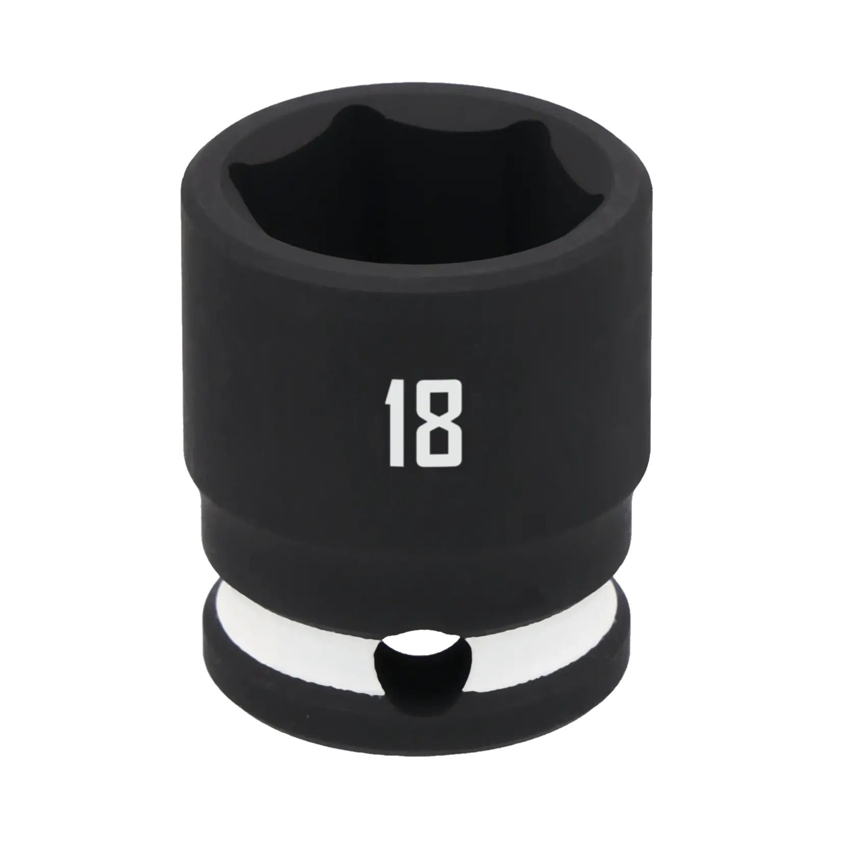 A black Craftsman socket with a white number 18 printed on its side, viewed from an angle. The socket has a circular shape with a hexagonal opening at the top and a hole near the base.