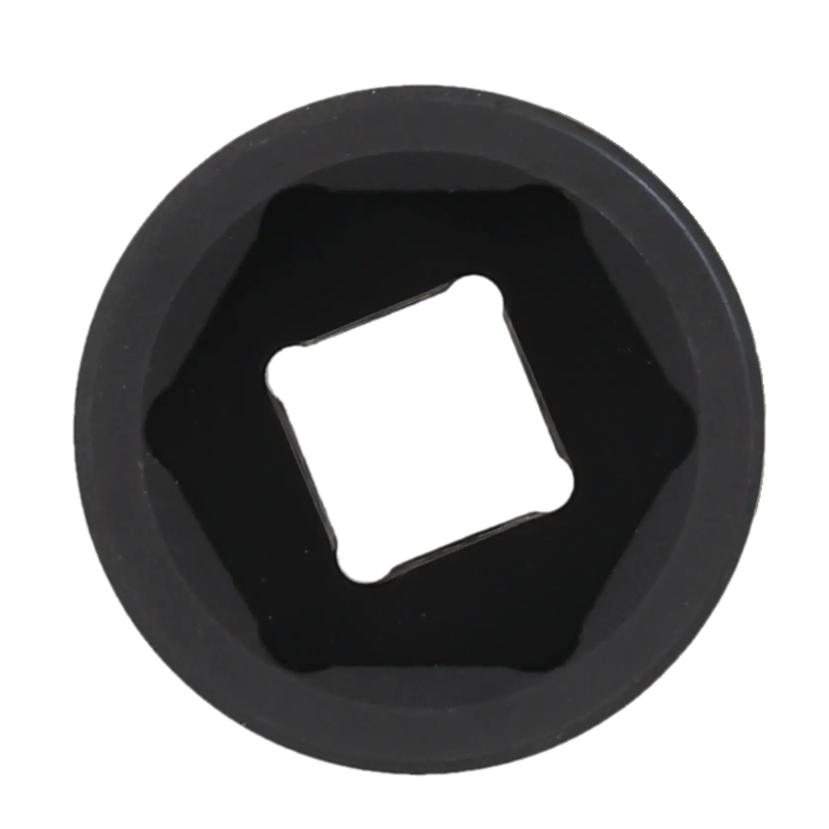 A close-up image of a black circular socket tool attachment with a square opening in the center, photographed against a white background.