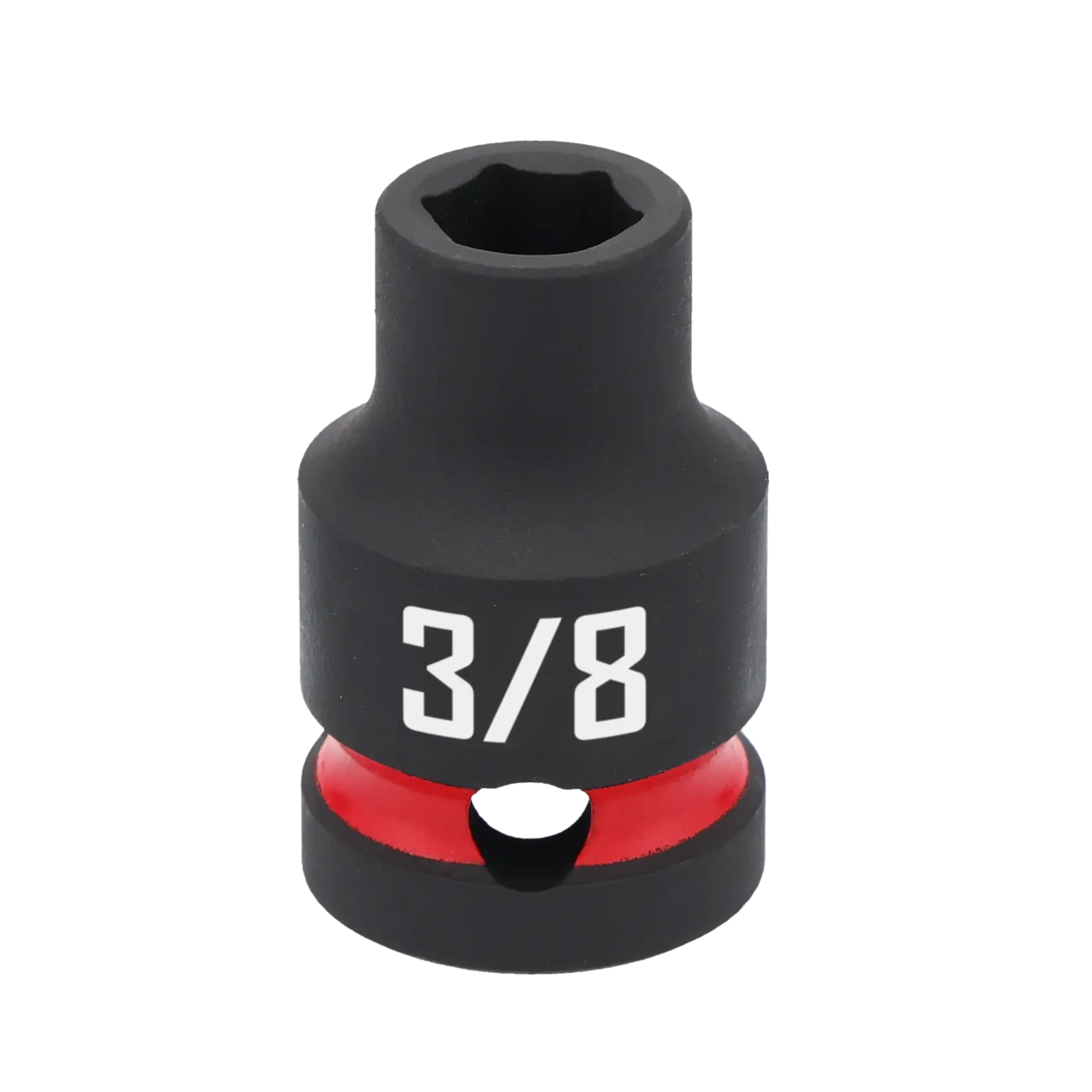 A black socket tool with a hexagonal opening and the size marking '3/8' printed in white on the side. There is a red ring near the base of the socket.