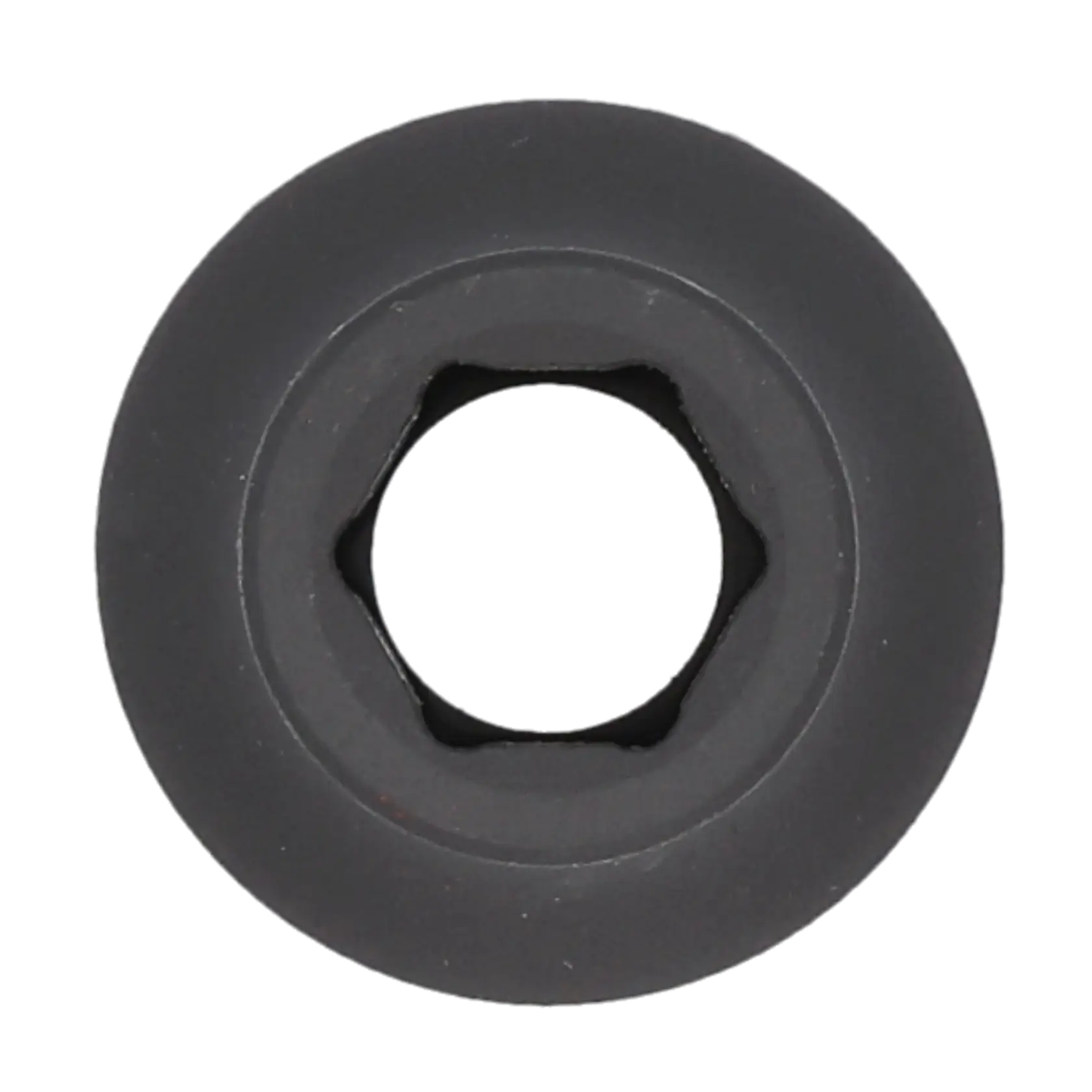 Close-up image of a black socket with a hexagonal opening, viewed from above. The socket is a tool component used for tightening or loosening fasteners.