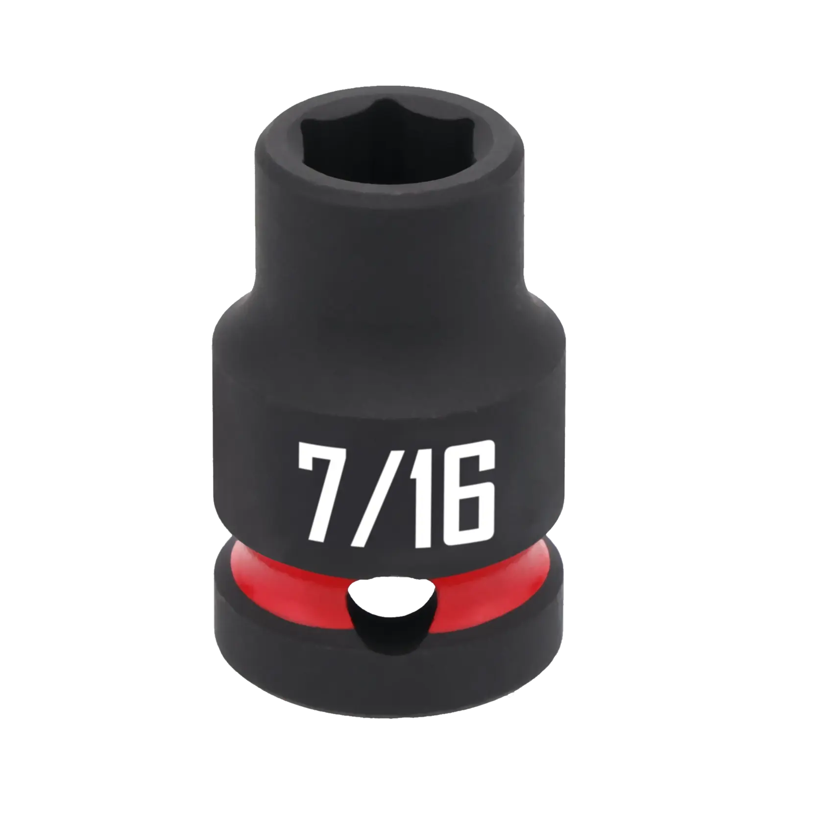 A close-up image of a black CRAFTSMAN socket, size 7/16 inch, with a red band near the base.
