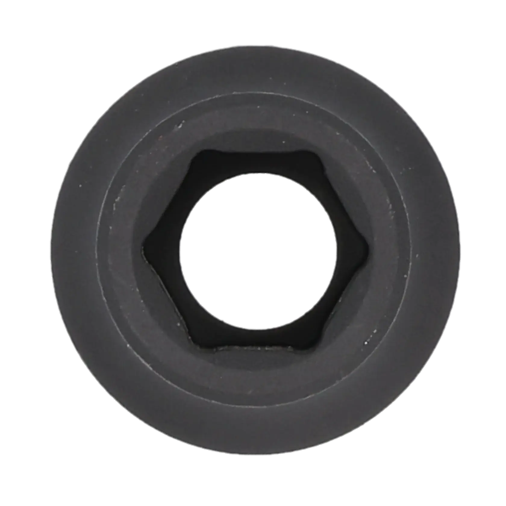 Close-up image of a black hex socket, viewed from the opening end, showing the hexagonal inner shape.