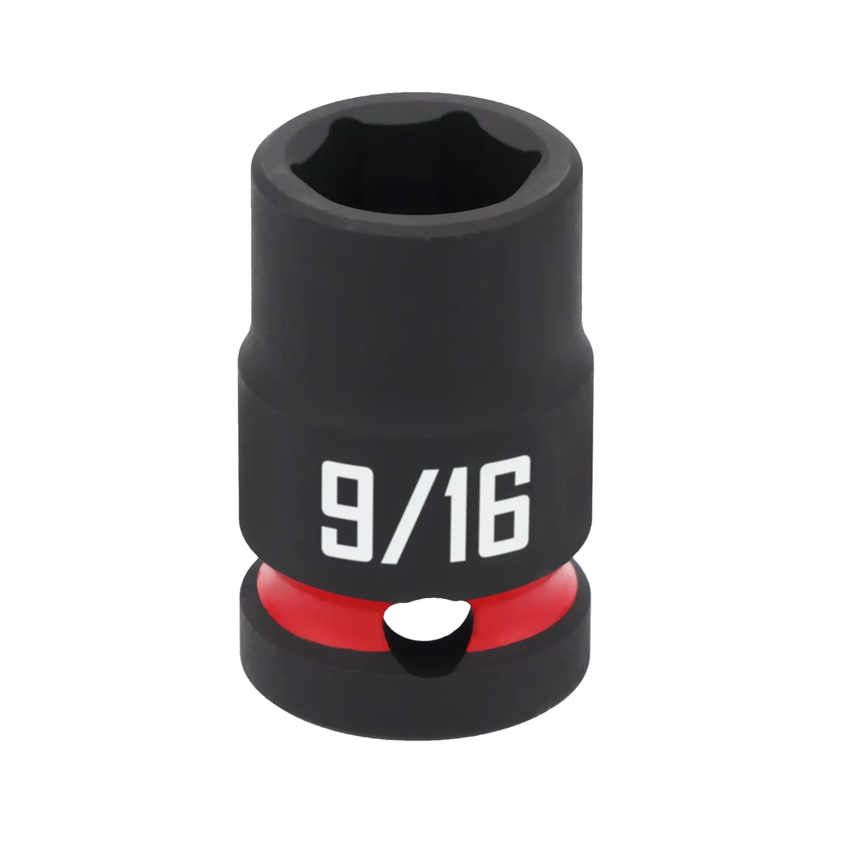 A close-up image of a black CRAFTSMAN 9/16 inch socket with a red ring near the base, used for tightening or loosening nuts and bolts.