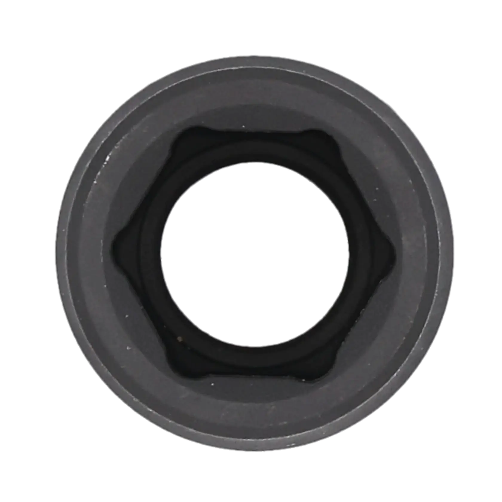 Close-up image of a round, gray metal socket tool, showing the inner opening and ridged edge used for fastening or loosening bolts.