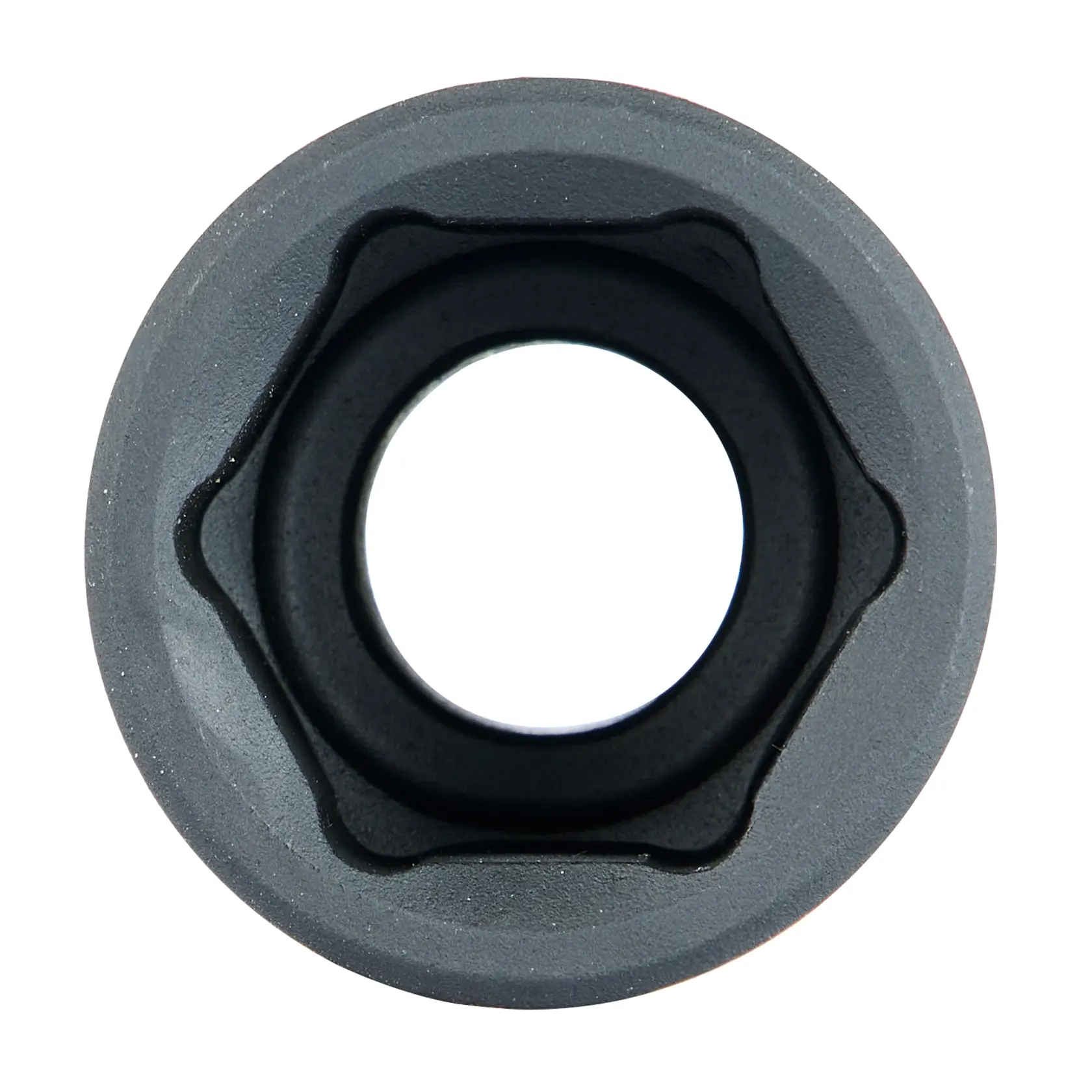 Close-up view of a circular camera lens mount adapter with a central opening and a textured dark surface, photographed against a white background.