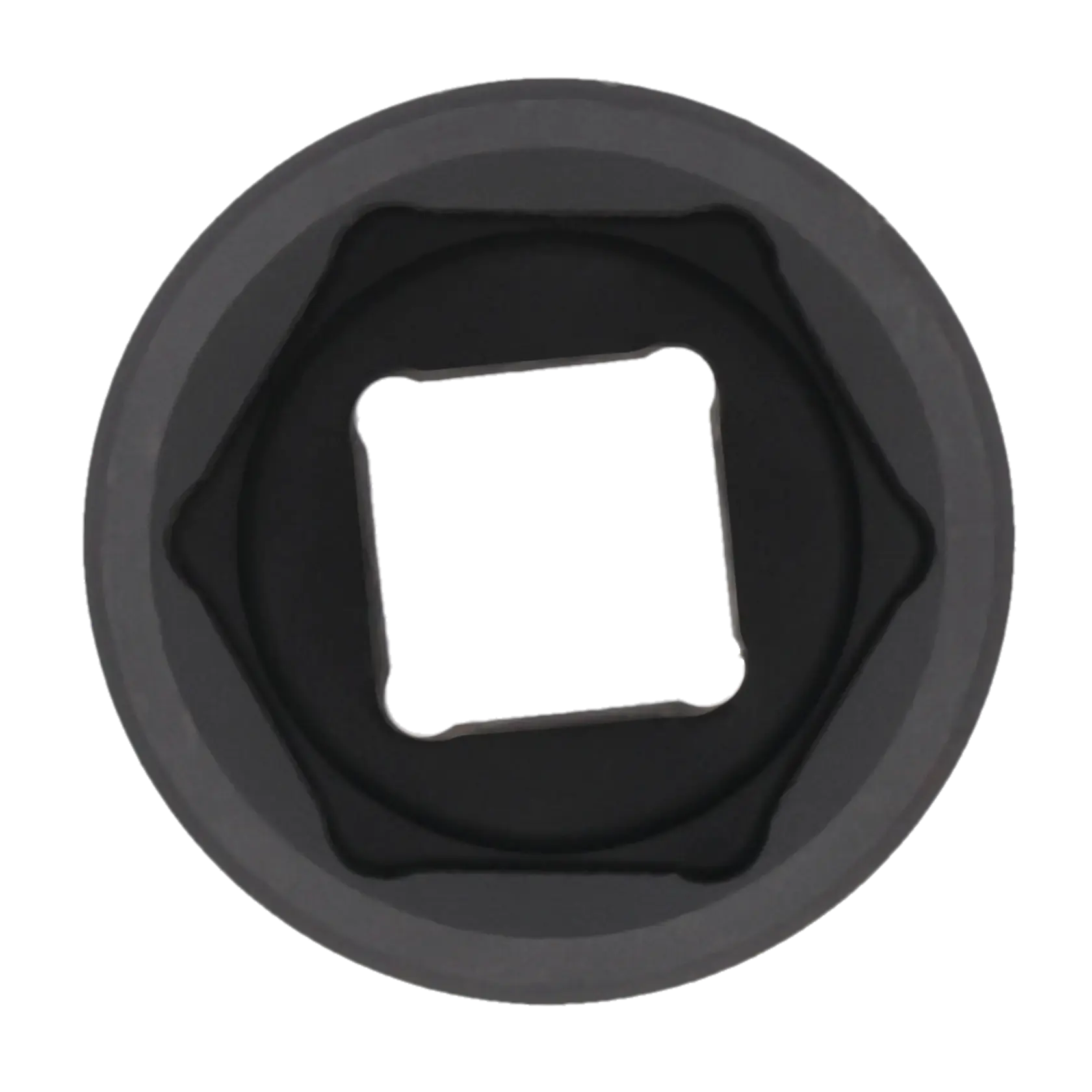 Close-up image of a black round socket tool with a square drive opening in the center, viewed from above.