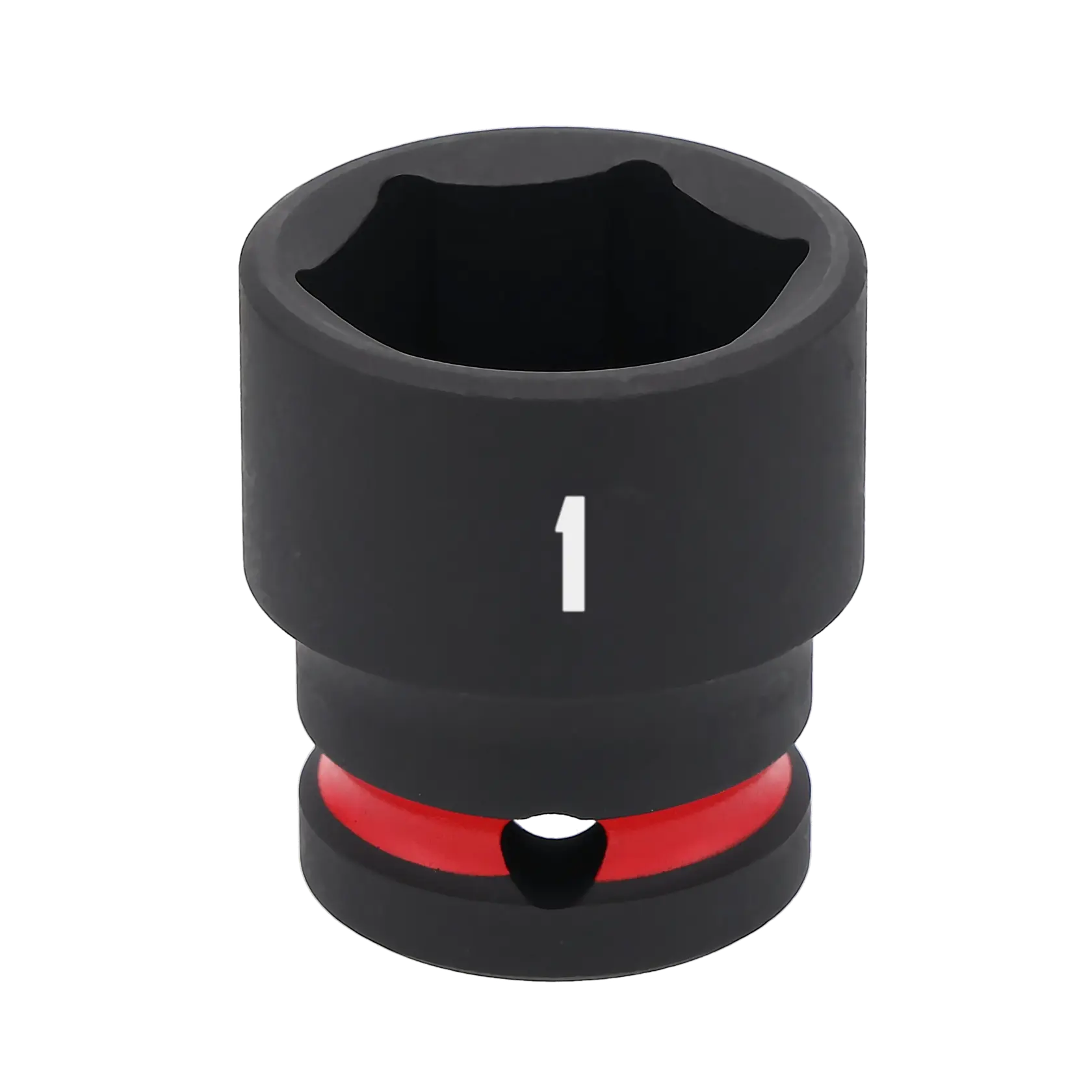 A close-up of a black Craftsman impact socket with a red ring and the number '1' printed on its side.