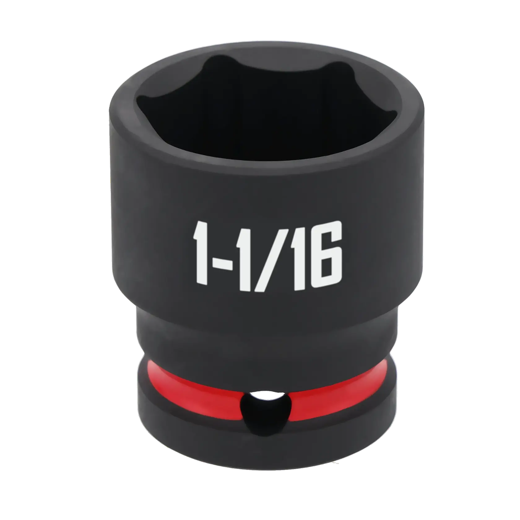 A black Craftsman socket with a red ring and '1-1/16' marking on the side, used for turning nuts or bolts of a specific size.