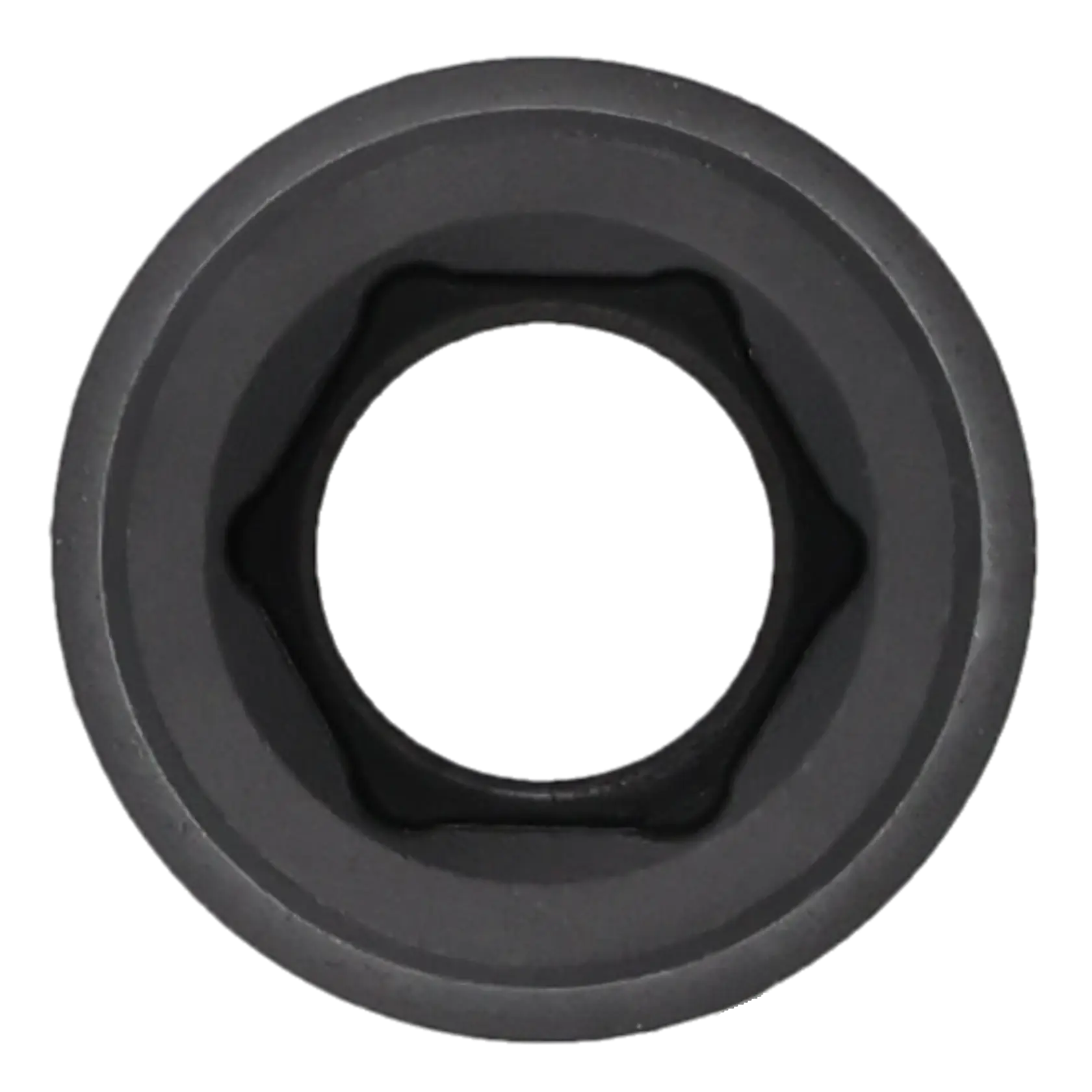 Close-up image of a dark-colored socket tool, viewed from above, showing the hexagonal opening in the center.