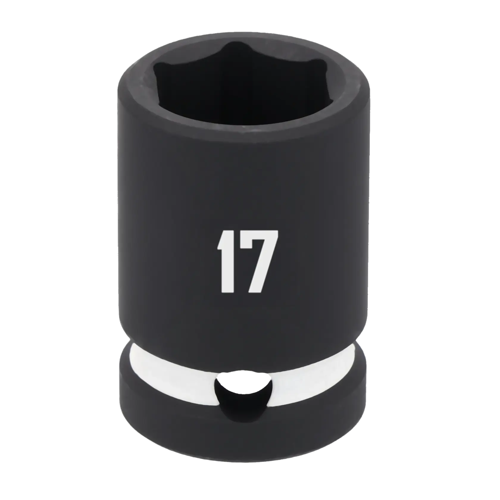 A close-up image of a black socket tool with the number 17 printed on it, used for tightening or loosening nuts and bolts.