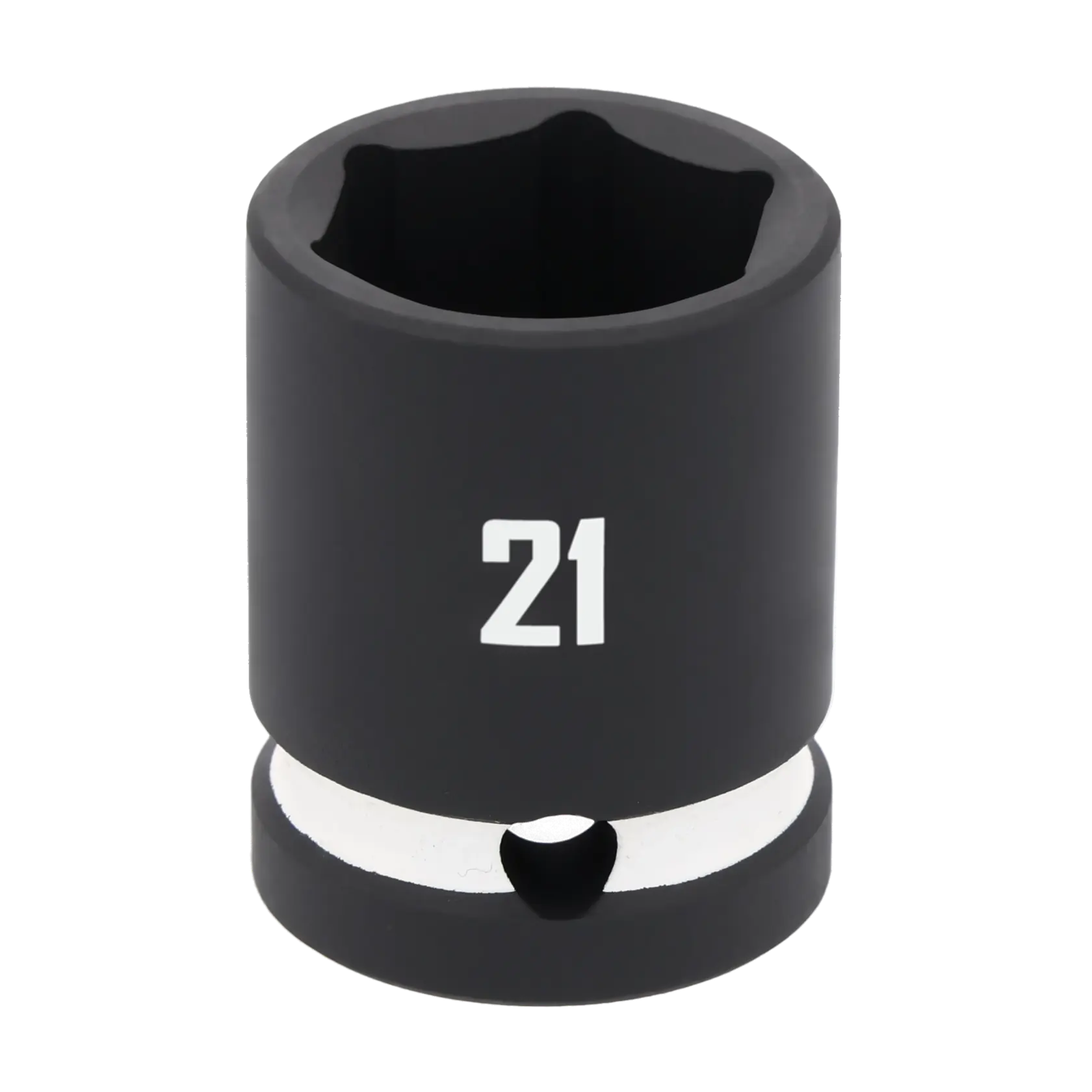 A close-up image of a black, six-point socket tool with the number 21 printed in white on its side, commonly used with socket wrenches for mechanical work.