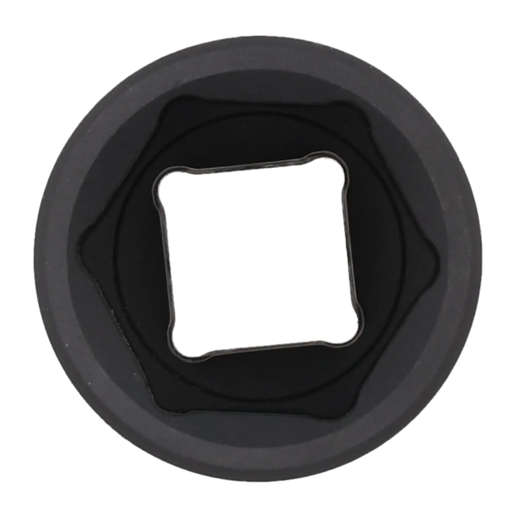 Close-up view of a black socket tool, showing the square drive opening in the center.