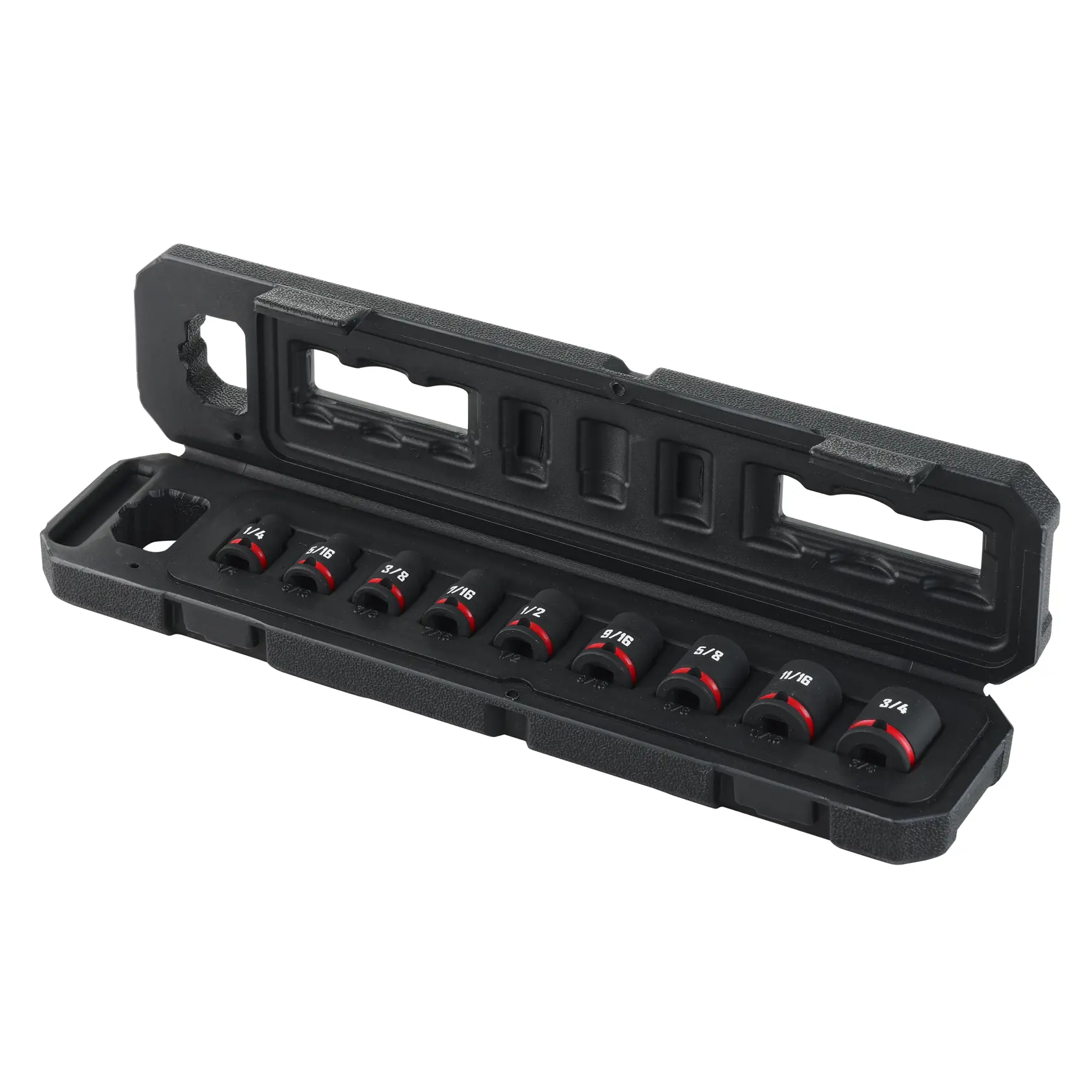 A black plastic case containing a set of socket wrenches, each labeled with its respective size in white text and a red band. The case is open to display the organized sockets.