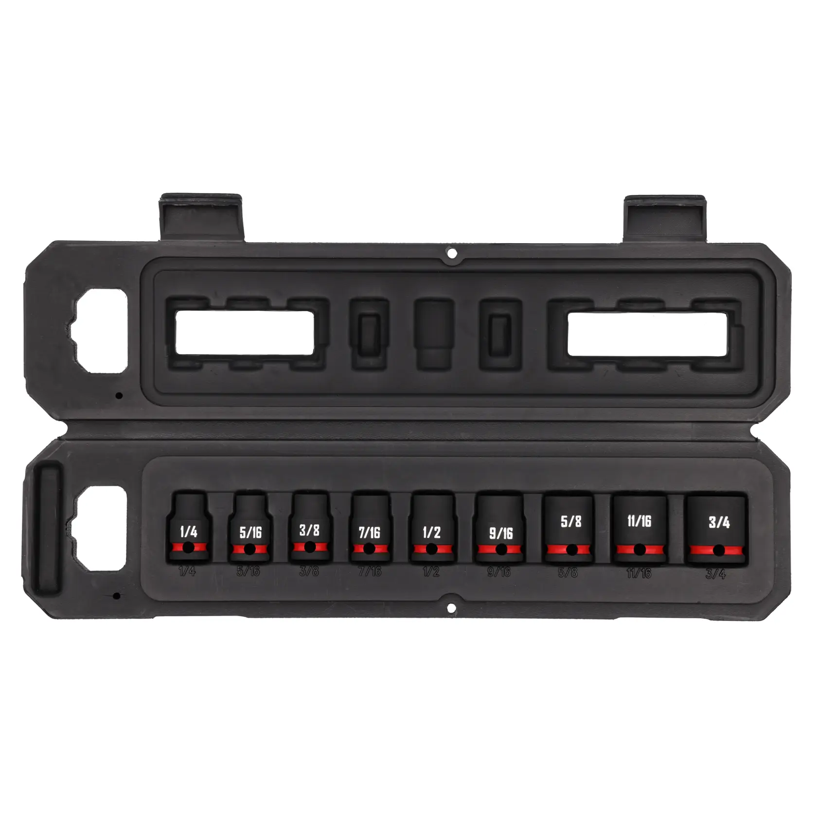 A black plastic carrying case open to display a set of nine CRAFTSMAN socket wrenches arranged in a row by size, from 1/4 to 3/4 inches. Each socket is labeled and has a red accent near the base.
