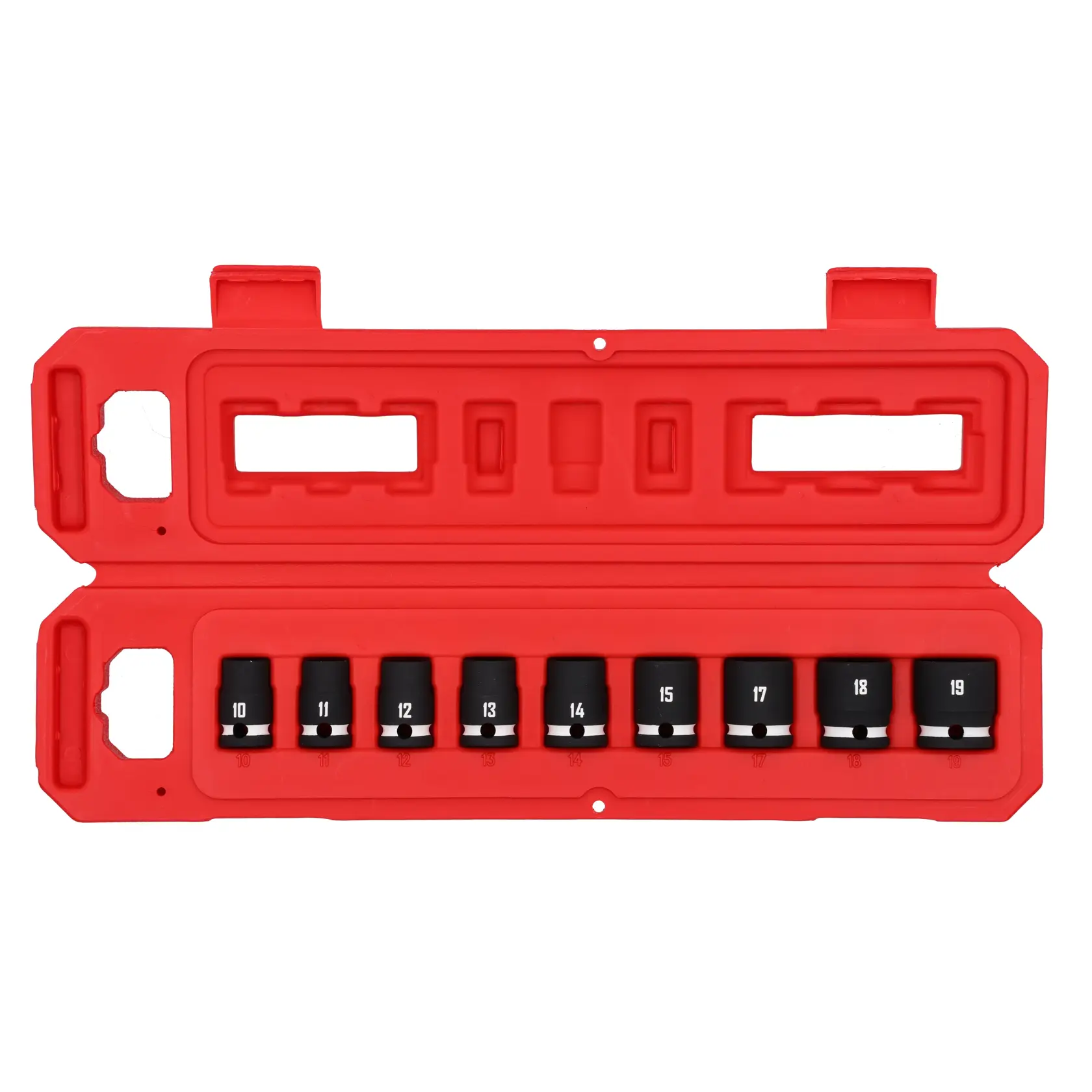 A red plastic case containing a set of black socket tools, each socket labeled with a size number ranging from 10 to 19. The case is open and designed to organize and store the sockets securely.