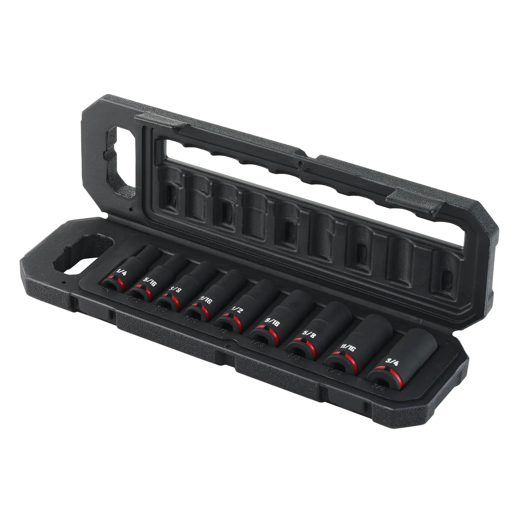 A black plastic carrying case containing nine Craftsman deep socket wrench pieces arranged in a row, with size markings visible on the sockets. The lid of the case is open, revealing the interior design and slots for the sockets.