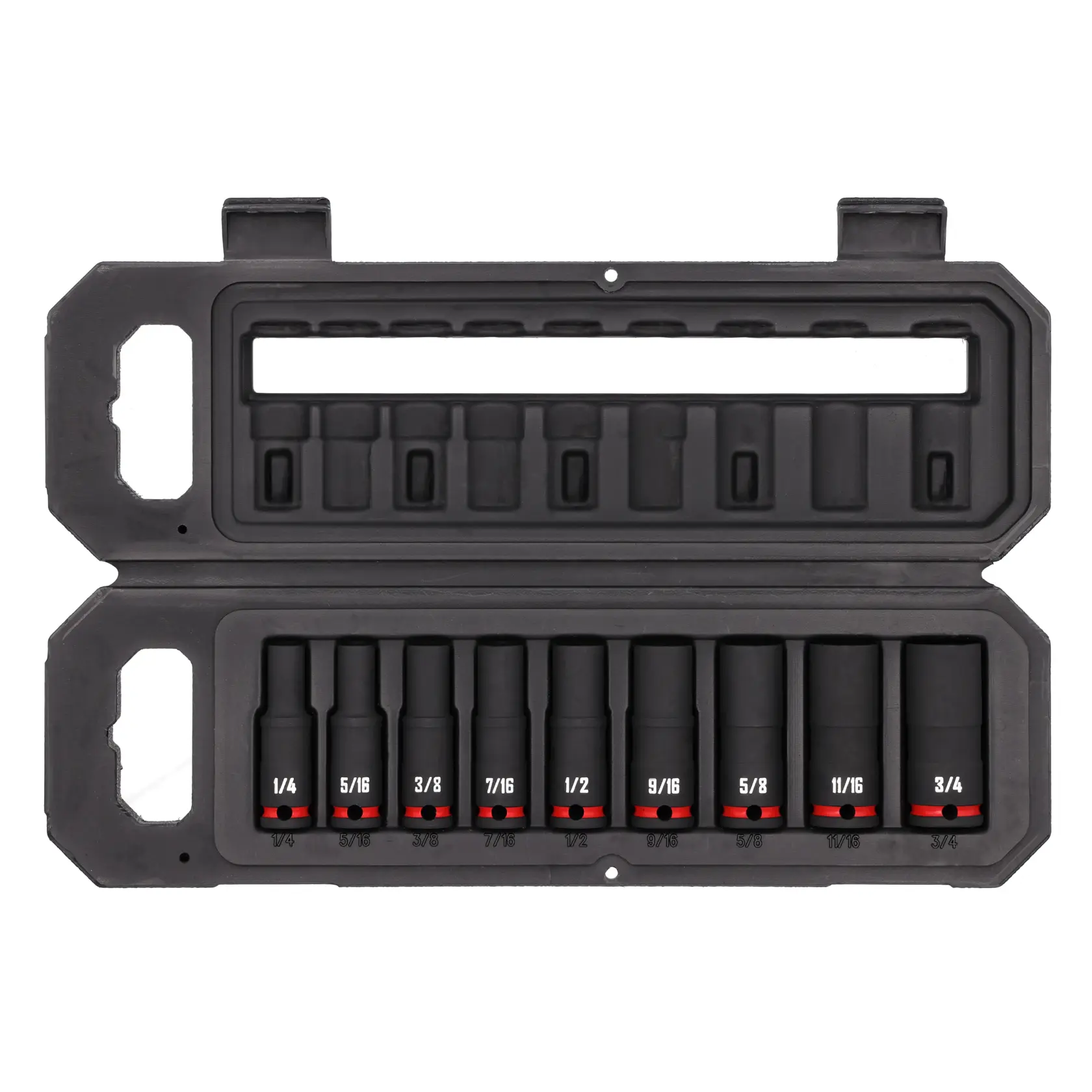 A black plastic tool case containing a set of deep impact sockets in various sizes, arranged neatly in two rows. The sizes are clearly marked on the sockets with white lettering and red accents. The case is open, showing the entire set.