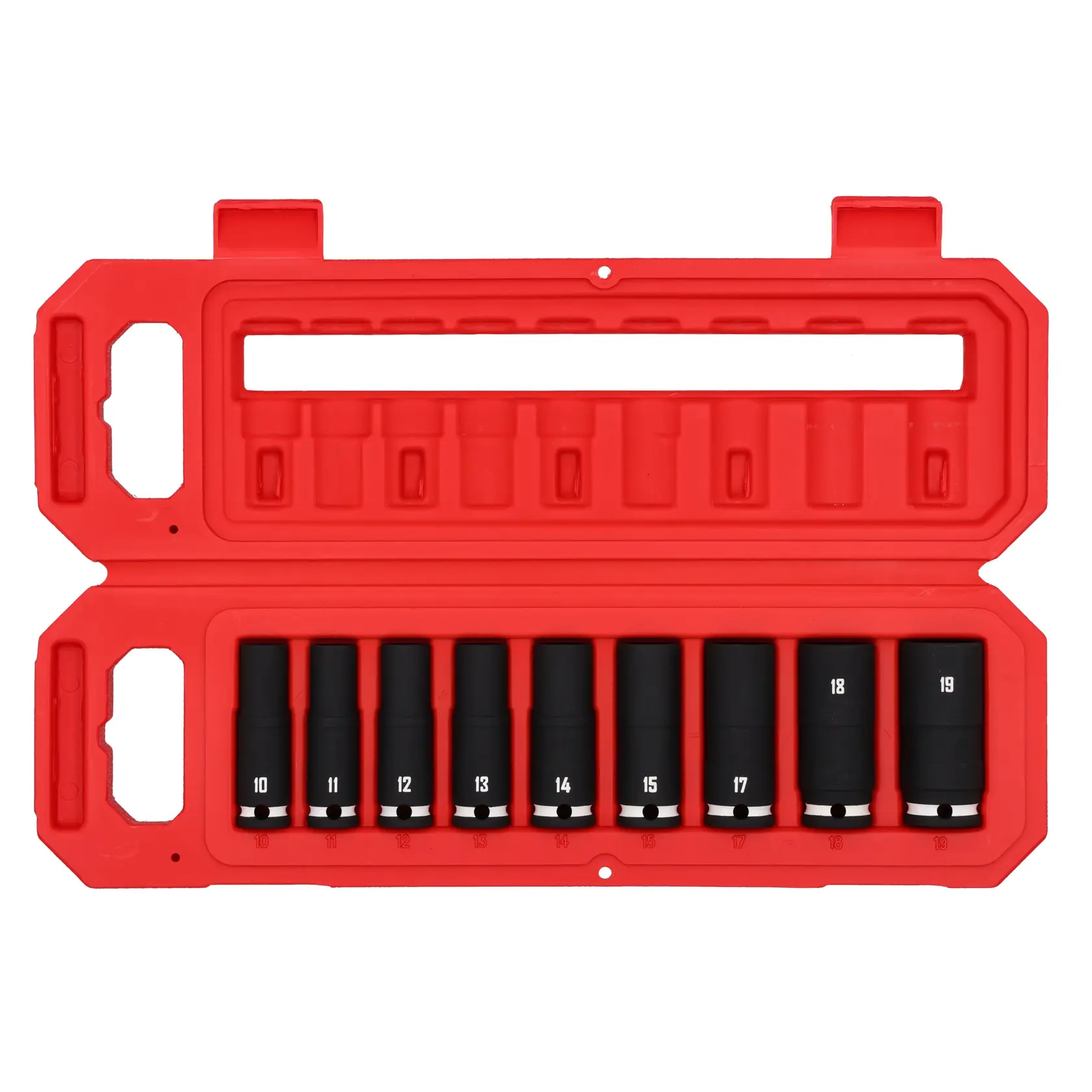 A set of black metric deep impact sockets organized in a red plastic carrying case, showing sizes 10 to 19. The case is open and displays two rows: one with sockets and one with empty slots.