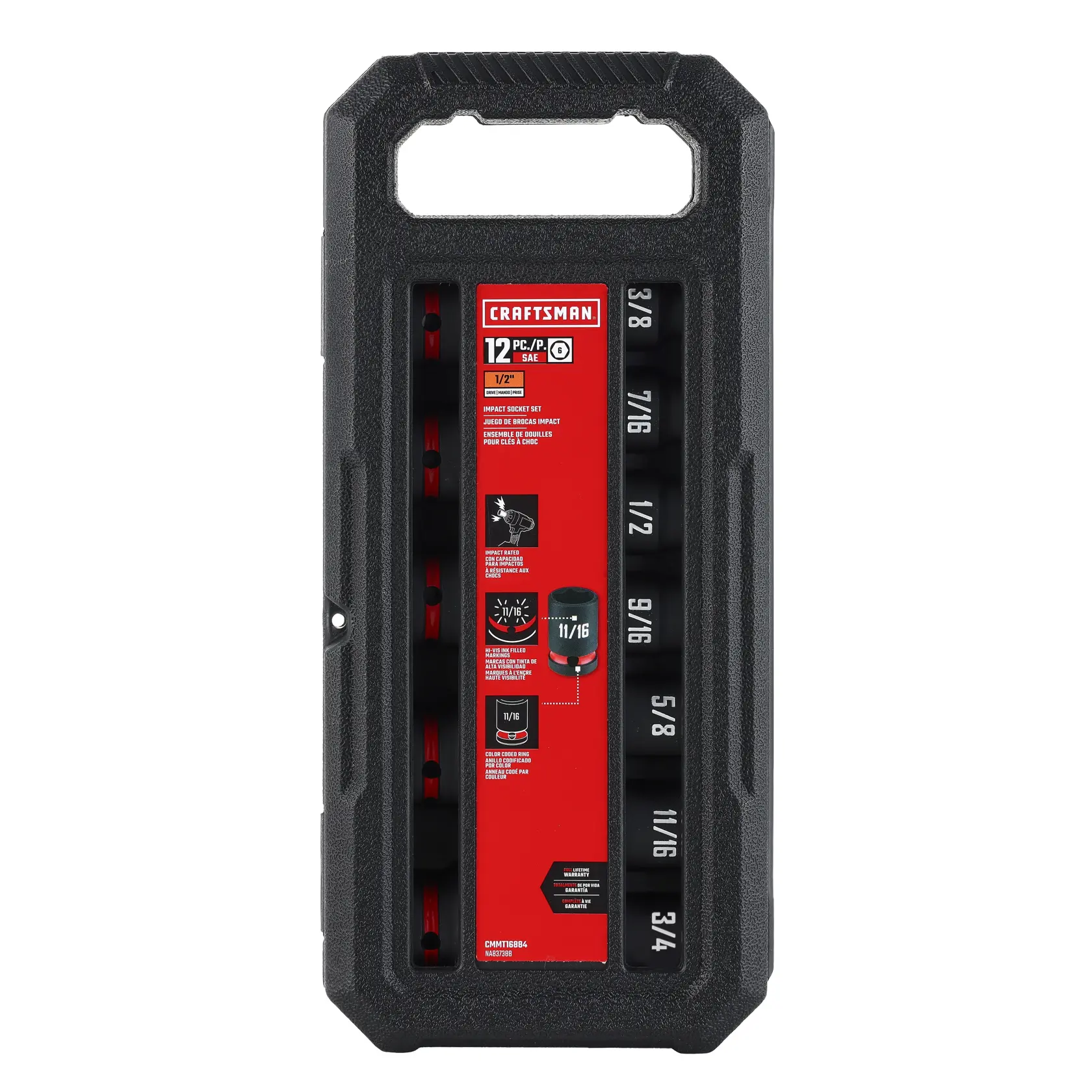 CRAFTSMAN 12-piece impact socket set in a black plastic carrying case. The sockets are labeled with sizes ranging from 3/8 to 3/4 inch and are organized vertically within the case. The red label in the center provides product information and features the CRAFTSMAN logo.