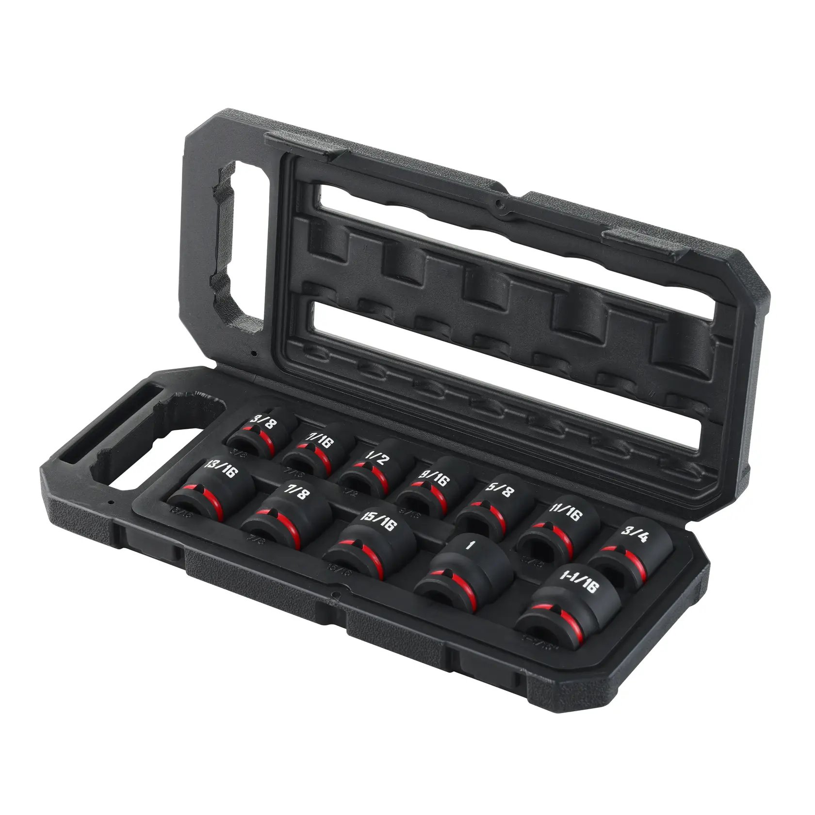 A set of black socket wrenches with red marking bands arranged in a sturdy plastic carrying case. The sockets are organized by size and the case is open to display all the pieces.