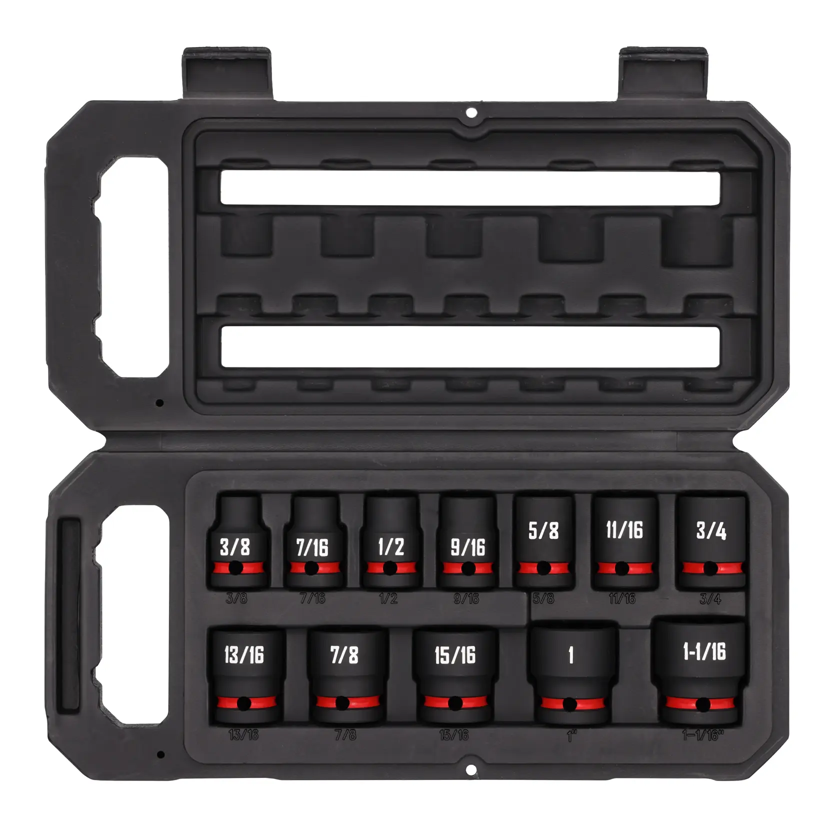 A CRAFTSMAN branded socket set displayed in an open black plastic case. The set includes twelve sockets of various sizes, each labeled clearly, and arranged in a single row with red markings near their base.