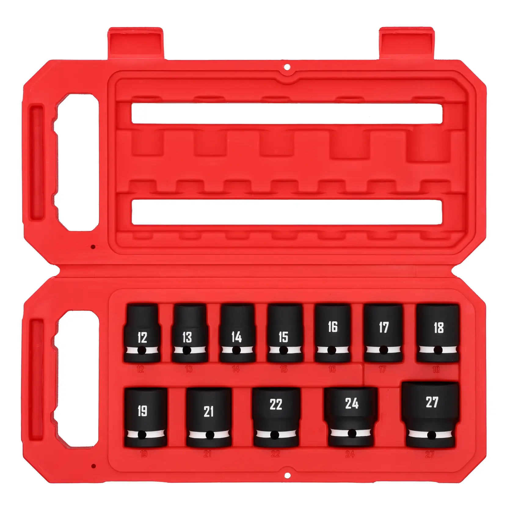 A red plastic case containing a set of twelve black metric impact sockets, labeled with sizes from 12 to 27, organized in two rows inside the case.