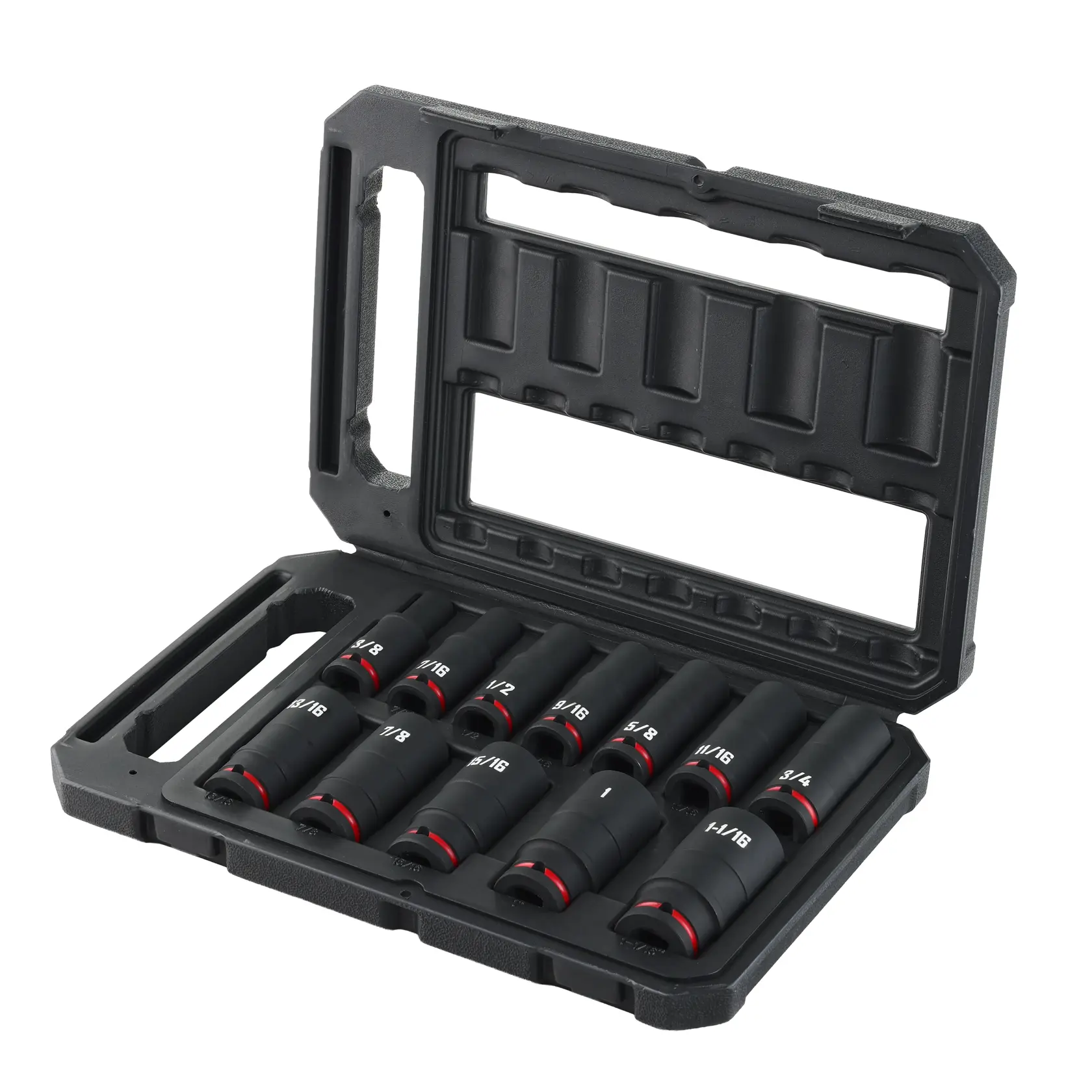 A set of black socket wrenches with red accents, organized in a black plastic carrying case. The case is open, displaying multiple socket sizes arranged neatly in individual slots.
