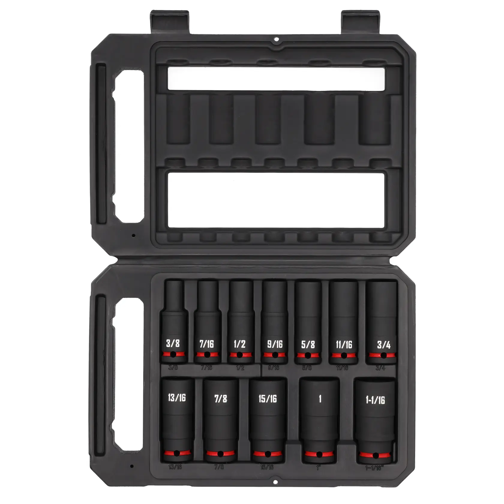 A black hard plastic case containing a set of twelve deep socket wrenches in various sizes, arranged neatly in rows. The sockets are labeled with their respective sizes in white text, and each socket has a red ring near the base.