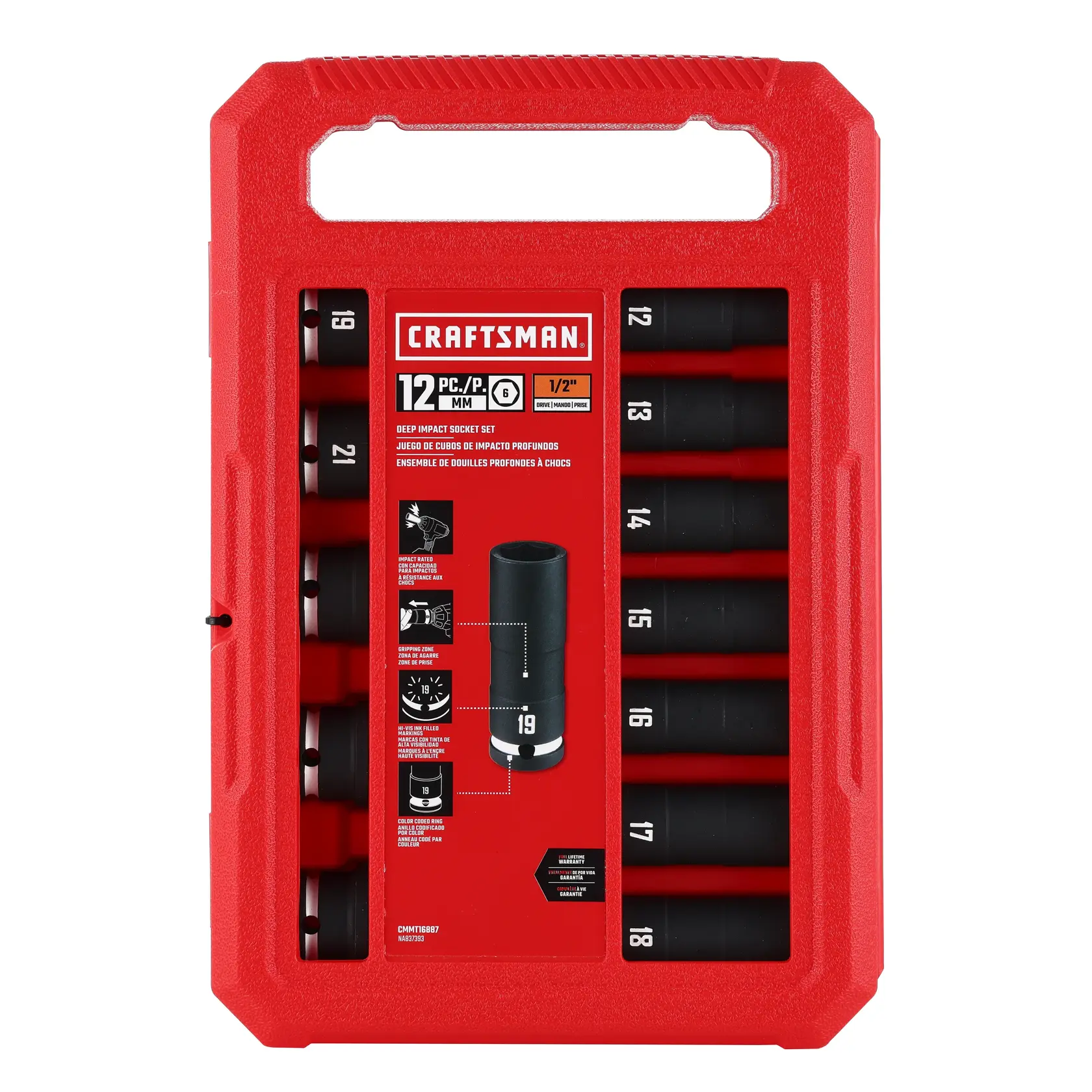 A red plastic case containing a 12-piece Craftsman deep impact socket set, with individual sockets labeled with their metric sizes and organized in two rows. The packaging displays product information and diagrams, and the set is intended for 1/2-inch drive tools.