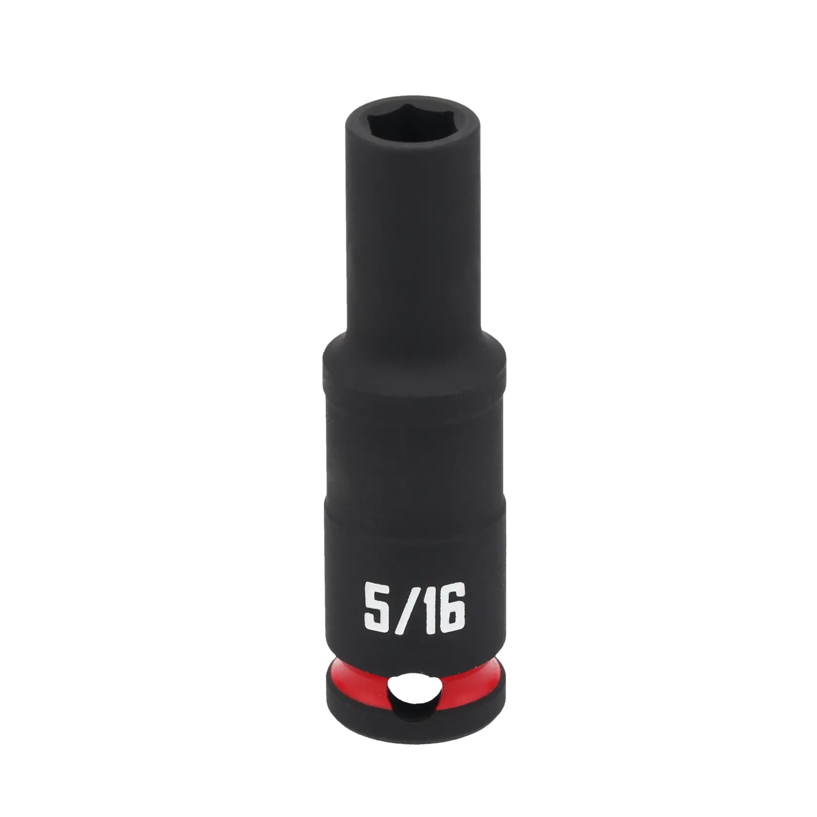 A black 5/16 inch deep socket tool with a red ring near the base, designed for use with a socket wrench.