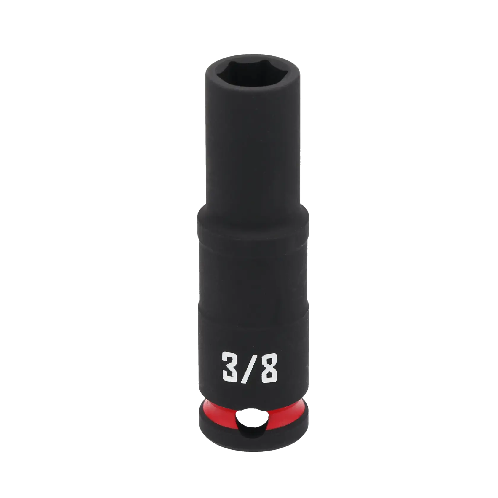 A black Craftsman deep impact socket with a 3/8 inch size marking in white, featuring a red ring near the base, photographed on a white background.