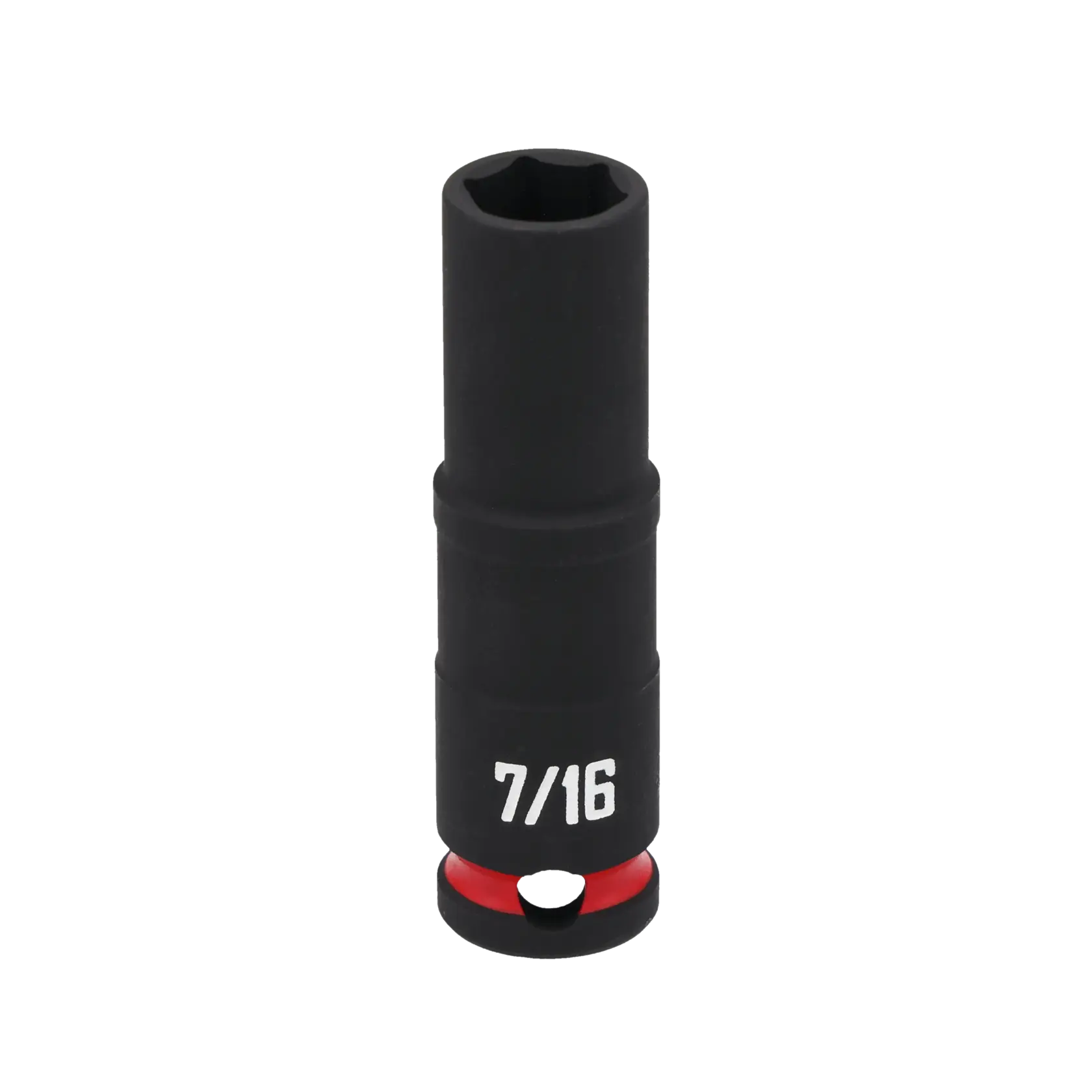 A black Craftsman socket with a 7/16 marking in white, featuring a red ring near the base.