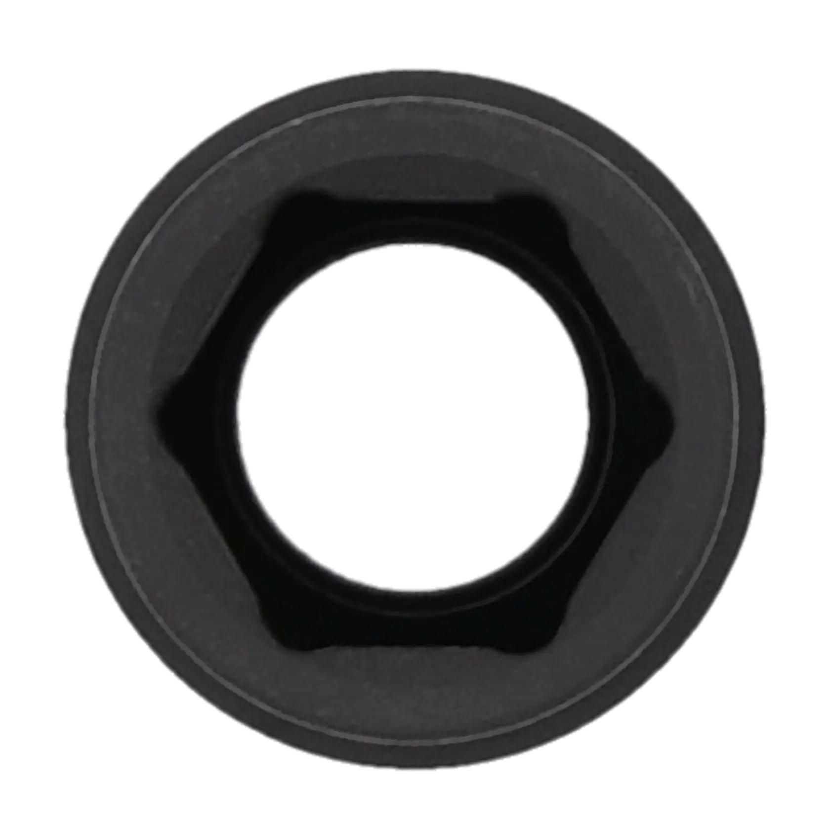 A close-up, top view of a black hexagonal socket tool used for tightening or loosening nuts and bolts.