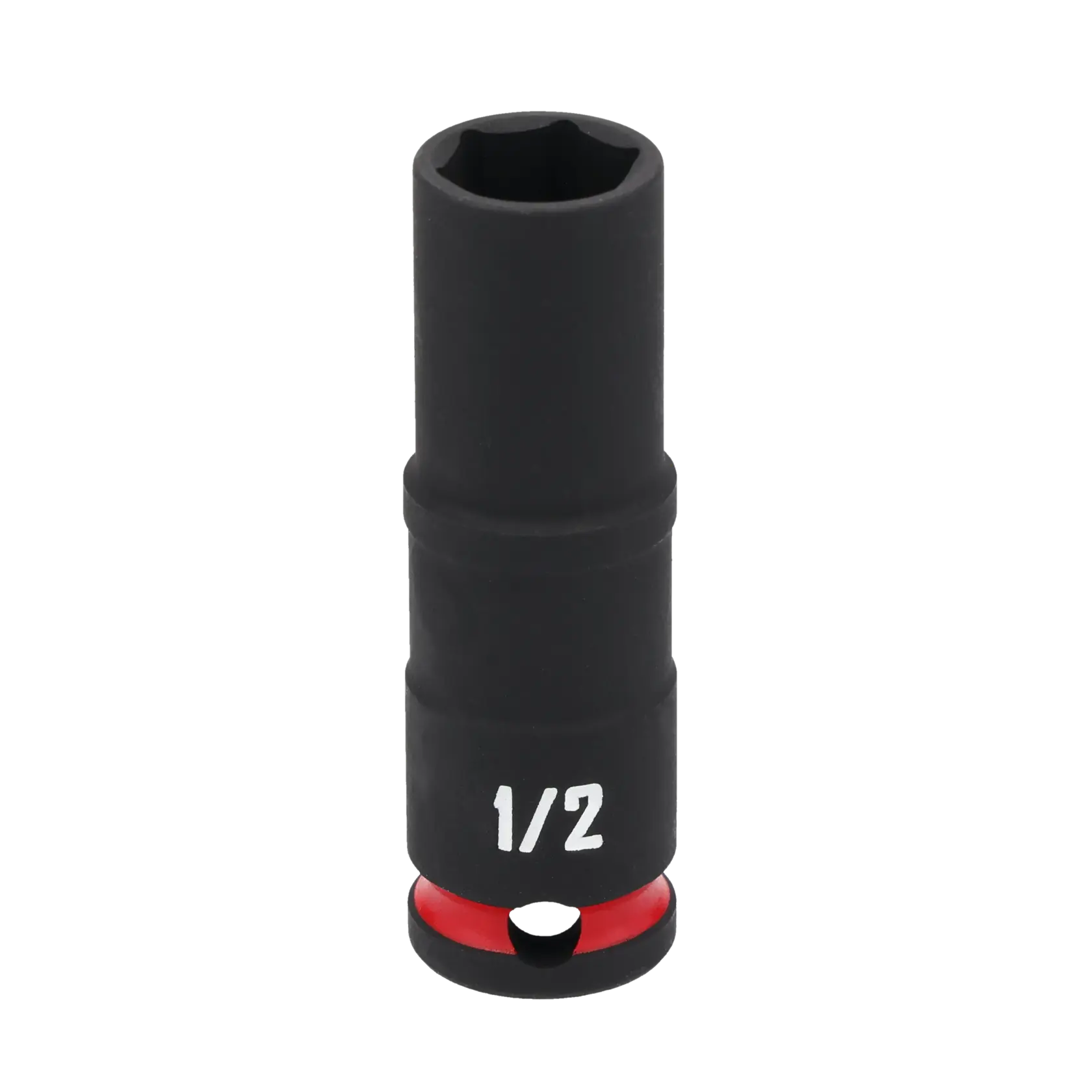 A single black socket tool with '1/2' printed in white on the side. It has a red ring near the base and is shown against a white background.