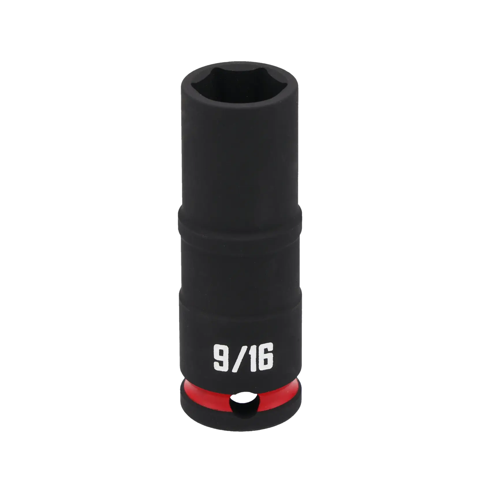 A black 9/16 inch deep socket tool with a red ring near the base, designed for use with a ratchet or socket wrench.