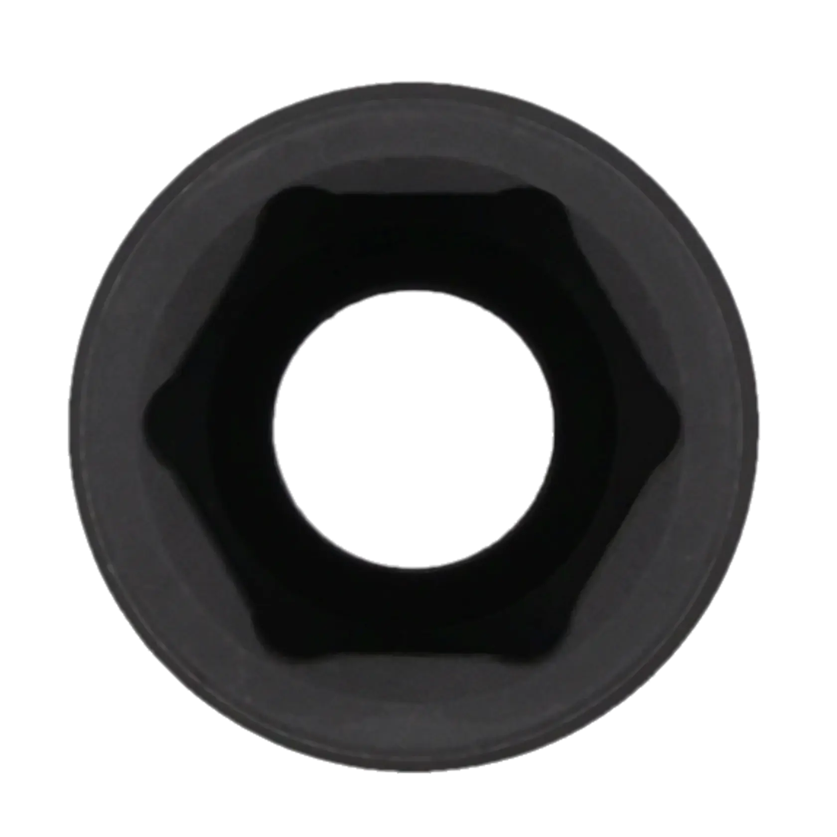 A close-up, top-down view of a black, round, deep impact socket with a hexagonal inner opening, likely used for automotive or mechanical work.