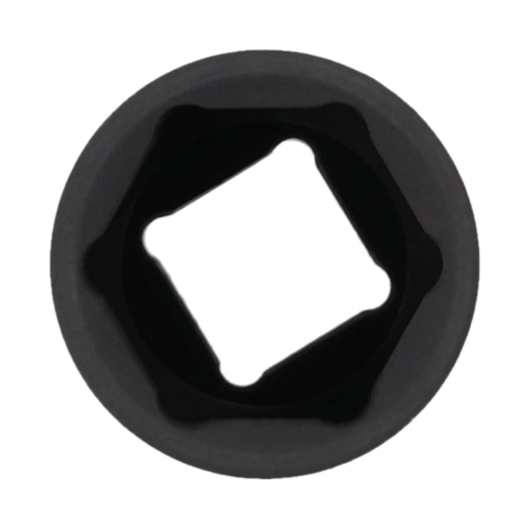 Close-up view of a black socket, showing the internal square drive opening used to attach to a wrench or ratchet.