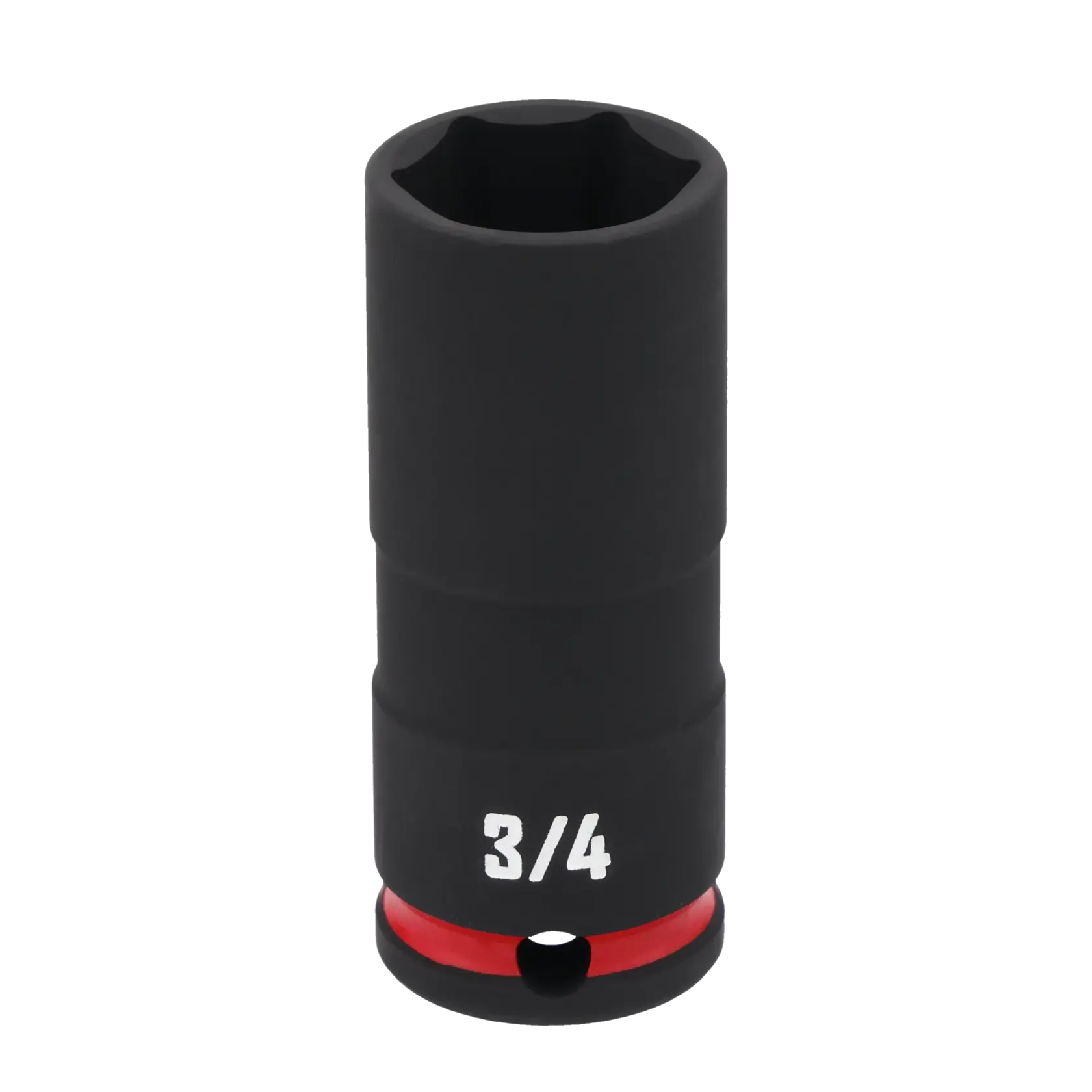 A black deep socket with a red band around the base, labeled with '3/4' in white text. The tool is used for turning fasteners and bolts.