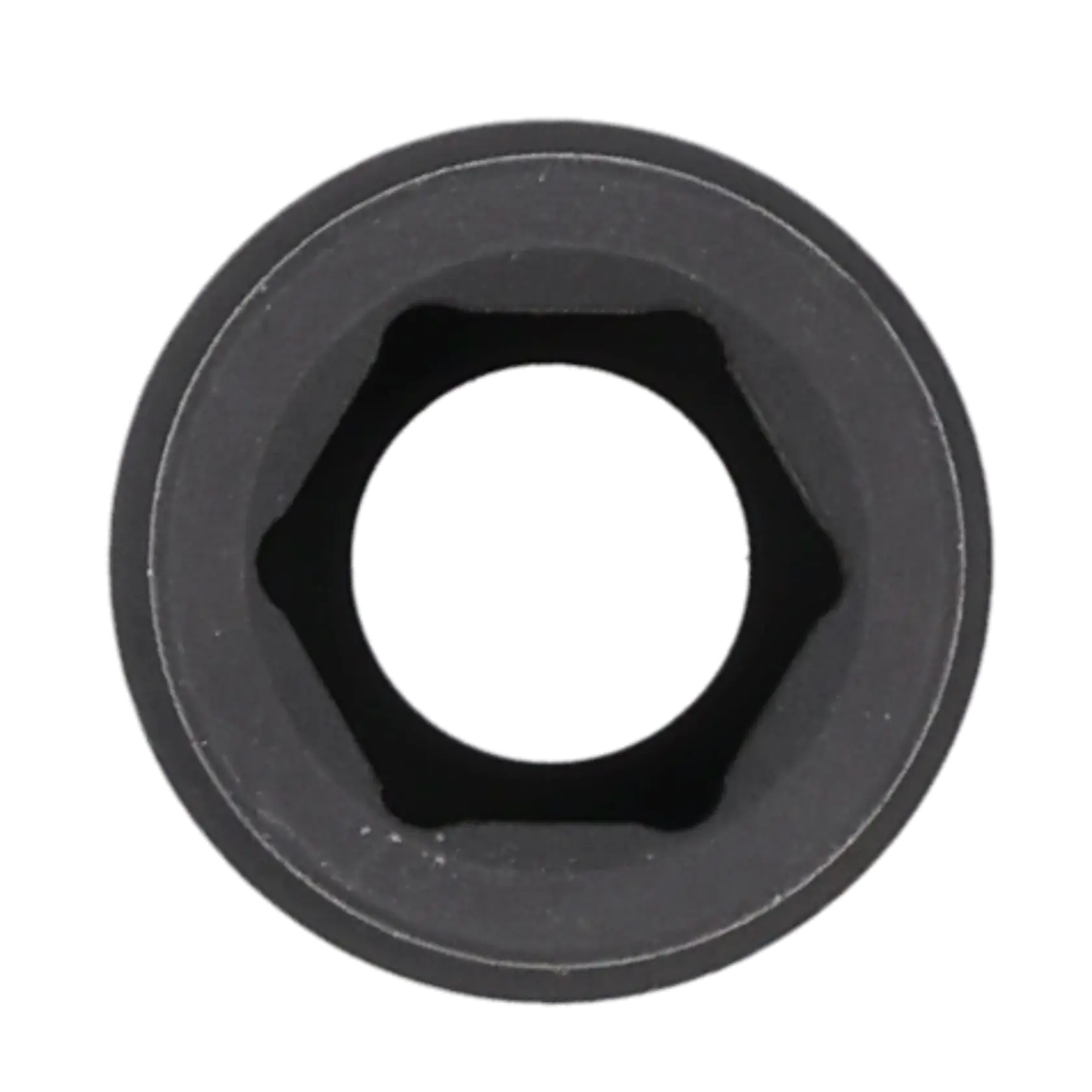 Close-up view of a black hexagonal socket, commonly used with wrenches for tightening or loosening bolts and nuts.