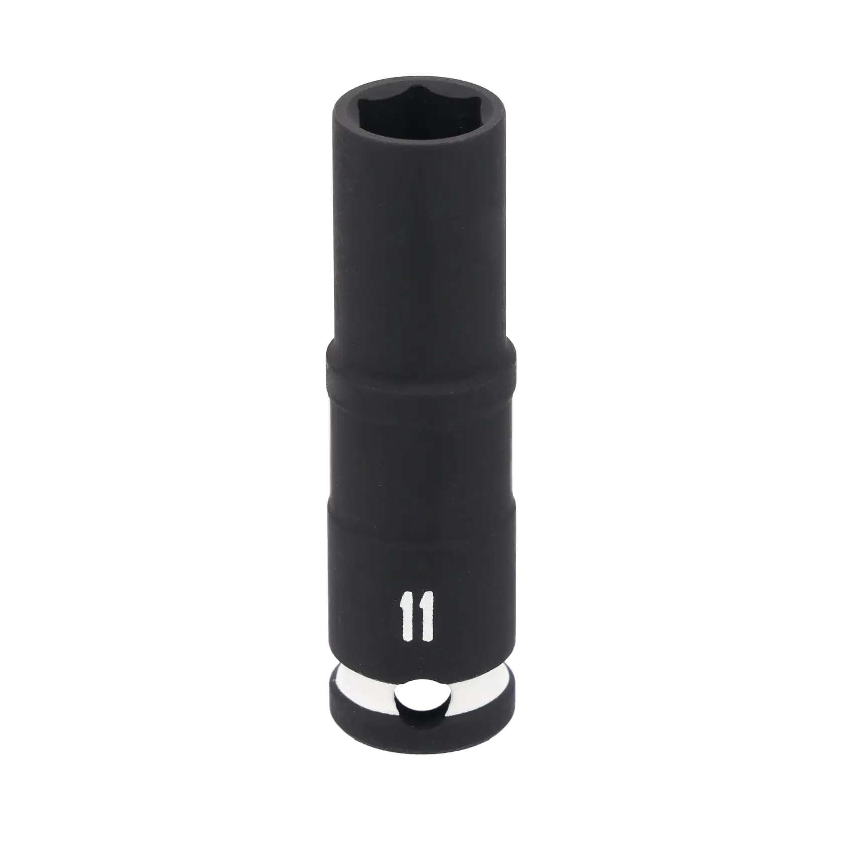 A black deep socket tool with a six-point opening and the number 11 printed in white near the bottom, used for tightening or loosening nuts and bolts.