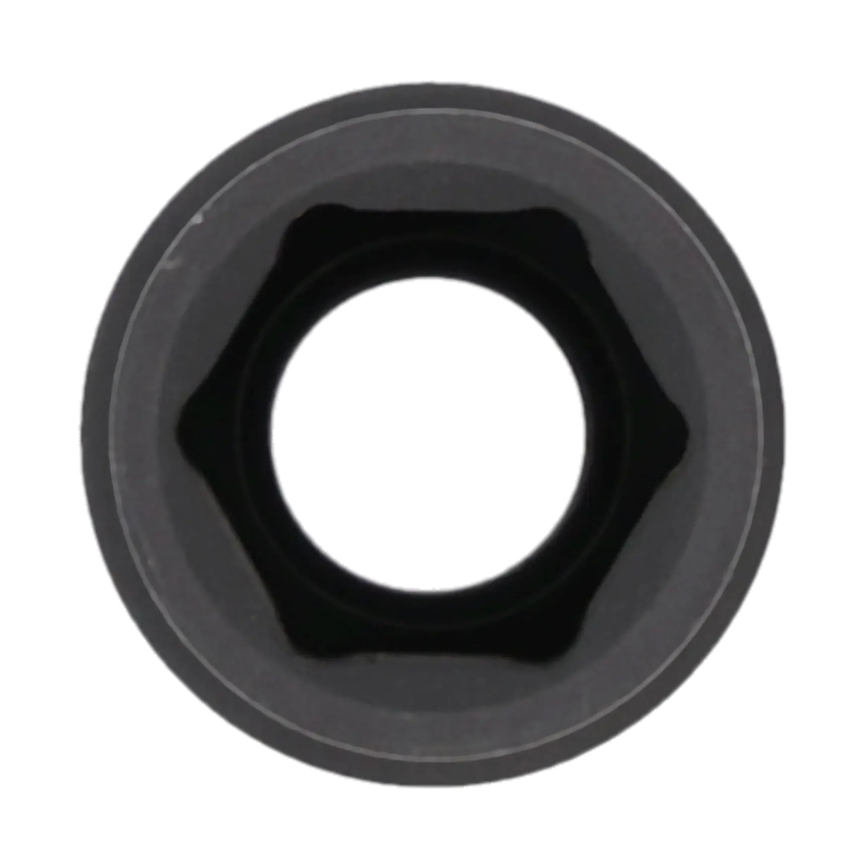Close-up image of a black socket tool, shown from the top, with a circular opening and six-sided inner shape.